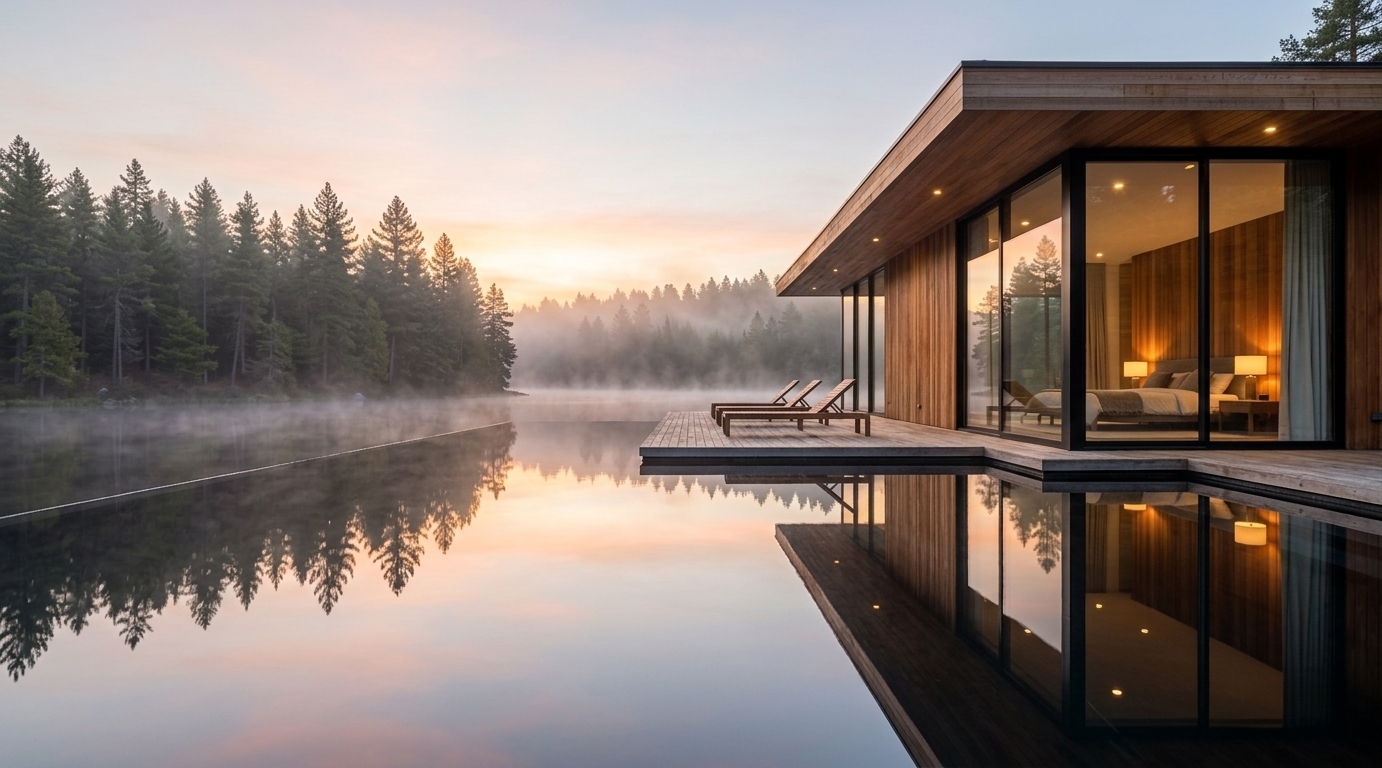 An incredibly lifelike, richly detailed, photorealistic wide-angle architectural shot of a minimalist lakeside retreat and outdoor infinity pool area set in a serene pine-forested lake environment during early spring. The scene is illuminated by the soft, warm glow of a golden sunset filtering through gentle rising mist over the calm water, balanced by the inviting ambient glow of interior bedside lamps, creating a deeply peaceful, Zen-inspired atmosphere. Captured with a professional medium-format camera and a wide-angle tilt-shift lens, emphasizing the rich linear grain of the warm wood cladding, the smooth reflections on the glass and water, and the sharp, uncluttered geometric lines of the modern pavilion. The composition highlights a seamless transition between indoor and outdoor living, featuring sleek wooden lounge chairs positioned on a cantilevered timber deck beside a mirror-like black infinity pool that flawlessly mirrors the mist-draped evergreen canopy and the soft pastel hues of the tranquil sky.
