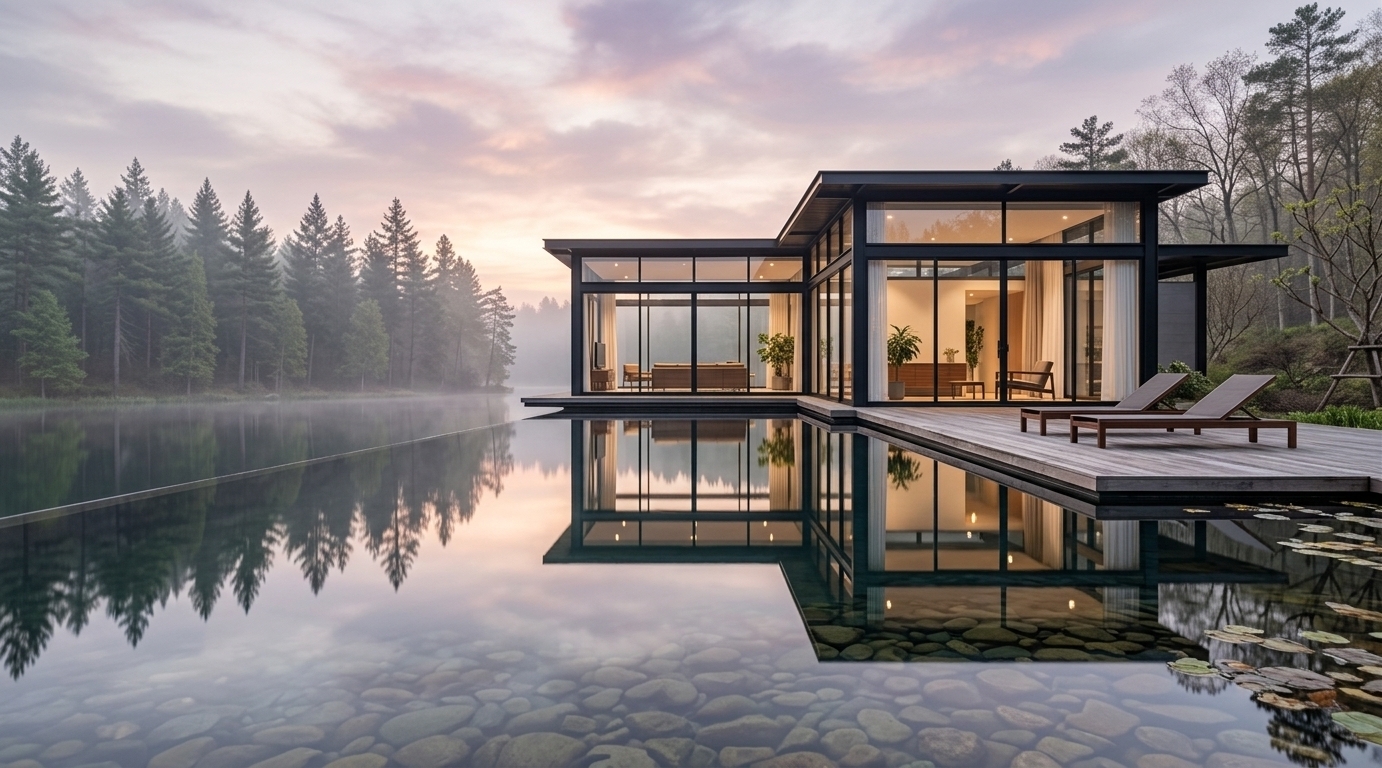 An incredibly lifelike, richly detailed, photorealistic wide-angle architectural shot of a modern minimalist pavilion and outdoor infinity pool area set in a tranquil, misty spring forest landscape. The scene is illuminated by the soft pastel hues of a hazy sunset and warm, gentle interior lighting, creating a serene, zen-inspired, and deeply calming atmosphere. Captured with a professional full-frame camera using a wide-angle tilt-shift lens, emphasizing the crisp black steel frames, smooth wooden decking, and mirror-like water reflections. The streamlined structure features expansive floor-to-ceiling glass walls that reveal an uncluttered, elegant interior styled with sleek wooden furniture, sheer white drapes, monochromatic neutral tones, and lush indoor plants. Seamlessly integrated into its natural surroundings, the clear infinity pool extends out over submerged river stones, leading the eye toward the mist-shrouded pine forest in a perfect balance of modern luxury and quiet simplicity.