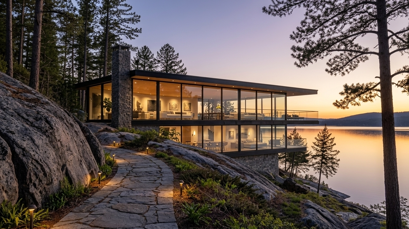 An incredibly lifelike, richly detailed, photorealistic wide-angle architectural shot of a cantilevered two-story modernist glass retreat set in a rugged, cliffside pine forest overlooking a tranquil lake during early spring. The scene is illuminated by the soft amber and violet glow of a dusk sunset reflected across the calm water, paired with warm, recessed interior lighting that casts a welcoming ambiance, creating a serene, elegant, and peaceful atmosphere. Captured with a professional full-frame camera and a 24mm tilt-shift lens, emphasizing the rich contrast between the rough-hewn stone chimney, craggy granite slopes, smooth flagstone walkway, and razor-sharp steel-and-glass frames. Inside this minimalist haven, the streamlined, functional layout reveals zen-inspired monochromatic furnishings in refined shades of white and gray with subtle pastel accents, sleek low-profile metal and wood furniture, curated abstract wall art, elegant photography books on uncluttered surfaces, and tasteful indoor greenery, seamlessly blending sophisticated modern living with the untamed beauty of the natural shoreline.