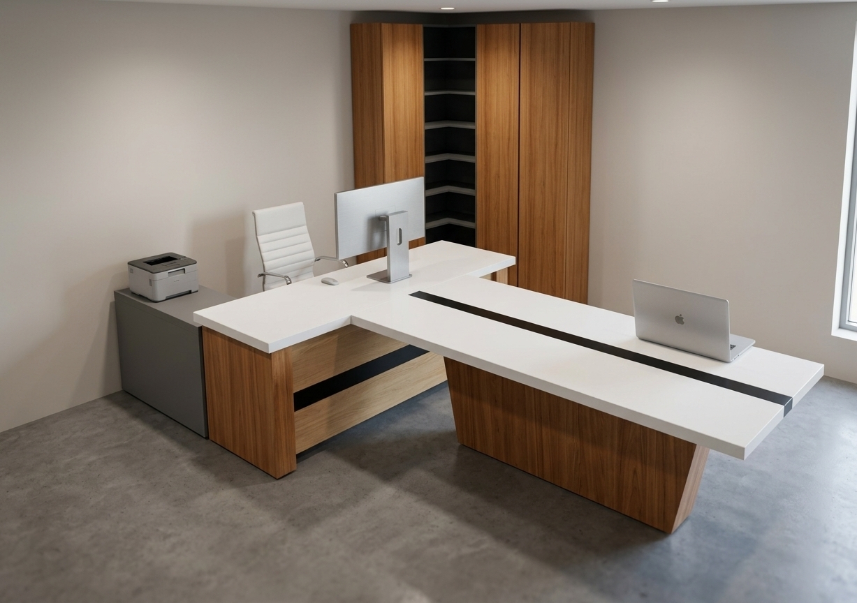 An incredibly lifelike, richly detailed, photorealistic wide-angle interior shot of an executive office set in a contemporary corporate suite. The scene is illuminated by soft, ambient architectural downlighting and subtle natural daylight, creating a refined, tranquil, and professional atmosphere. Captured with a professional full-frame camera and a 35mm tilt-shift lens, emphasizing the organic grain of warm teak wood veneer, smooth matte white quartz surfaces, and brushed aluminum accents. 

At the center stands a bespoke T-shaped executive workstation featuring thick, pristine white worktops accented by an inlaid black linear channel, anchored by sculptural, angled wood pedestals. An elegant white ribbed-leather ergonomic task chair is positioned behind a slim silver monitor, while a modern laptop rests ready on the collaborative extension. In the corner, floor-to-ceiling cabinetry seamlessly blends tall warm-wood storage doors with a central column of deep charcoal shelving. Completing the space, a low matte-grey utility credenza with an office printer sits neatly to the side, all grounded upon a seamless polished grey concrete floor against soft neutral-toned walls with soft, realistic ambient occlusion and shadow falloff.