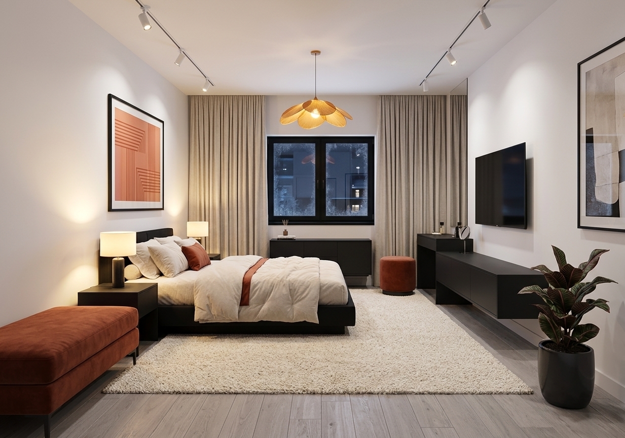 An incredibly lifelike, richly detailed, photorealistic wide-angle interior photograph of a modern master bedroom set in an upscale industrial loft during a quiet winter night. The scene is illuminated by soft, warm golden light radiating from bedside lamps, ceiling-mounted track spotlights, and a whimsical floral-shaped amber pendant fixture, creating an inviting, tranquil, and luxurious atmosphere. Captured with a professional full-frame camera using a 24mm wide-angle lens at eye level, emphasizing the contrast between sleek industrial surfaces and sumptuous soft fabrics with crisp depth of field.

In the center of the room, a low-profile platform bed in matte black anchors the space, dressed in a plush, layered off-white duvet with an eye-catching terracotta accent runner and matching decorative throw pillows. Beneath the bed, an expansive, high-pile cream bouclé area rug adds deep texture over light ash-gray hardwood floorboards that extend cleanly across the frame. Behind the bed, heavy floor-to-ceiling linen curtains with soft, cascading folds partially frame a bold black-trimmed window; through the glass, the dark, frosty stillness of the winter night is subtly visible with faint ambient city reflections.

Flanking the bed are matching minimalist nightstands in charcoal black, each topped with glowing modern lamps that cast warm light onto the crisp white walls. Above the left nightstand, a large black-framed piece of contemporary art features striking geometric lines in burnt orange and coral, adding a dynamic burst of color. 

On the right side of the composition, an ultra-thin black flat-screen television is mounted cleanly on the wall above a low-slung, matte black media console and vanity desk setup. A small framed art piece rests atop the credenza, accompanied by a plush, cylindrical velvet ottoman in rich terracotta that mirrors the warm accents throughout the room. In the right foreground, a flourishing potted indoor plant with broad, sculpted leaves in deep green and burgundy tones sits in a sleek charcoal ceramic pot, providing a vibrant organic element that completes this refined, modern sanctuary.