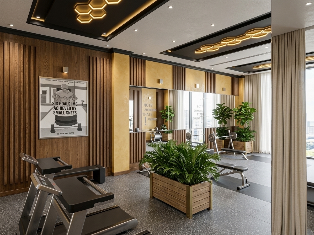 An incredibly lifelike, richly detailed, photorealistic wide-angle interior shot of a sophisticated corporate fitness gym set in a modern high-rise office building during a bright summer midday. The scene is illuminated by soft daylight diffusing past sleek draped curtains alongside recessed spotlights and ambient gold-hued hexagonal light fixtures glowing within recessed black ceiling coffers, creating an energizing and premium atmosphere. Captured with a full-frame architectural lens, emphasizing the tactile vertical fluted wood wall paneling, rich golden-yellow textured plaster pillars, and the brushed metallic and matte finishes of the professional fitness equipment. In the foreground, high-end treadmills face outward near vibrant, lifelike potted foliage in natural timber planters, while expansive full-length mirrors reflect the weight training bench, motivational wall art, and the clean lines of this luxury wellness space.