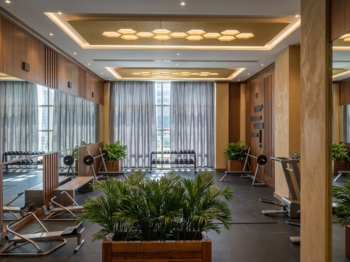 An incredibly lifelike, richly detailed, photorealistic wide-angle interior shot of a contemporary office fitness gym set in an upscale corporate high-rise during a bright summer midday. The scene is illuminated by soft, natural sunlight filtering through floor-to-ceiling slate-grey linen drapes harmonized with warm, recessed spotlights and glowing golden hexagonal acoustic ceiling panels, creating an energizing and serene minimalist atmosphere. Captured with a professional 24mm architectural lens, emphasizing tactile sand-textured ochre pillars, fine-grained vertical wood wall slats, and lush, hyper-realistic potted areca palms in polished timber planters. The high-performance space features brushed-steel barbells, sleek rowing machines, and modern cardio equipment neatly arranged on durable, seamless charcoal rubber flooring, while crystal-clear full-length mirrors expand the depth with pristine reflections. Through the window mullions at the far end, subtle glimpses of sleek glass commercial office towers under a clear summer sky complete the sophisticated metropolitan setting.