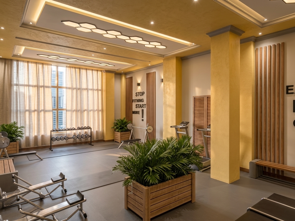 An incredibly lifelike, richly detailed, photorealistic wide-angle interior shot of a modern office fitness gym set in a high-end corporate building. The scene is illuminated by a radiant summer sunset filtering softly through the large window curtains, seamlessly blended with the warm ambient glow of recessed downlights and backlit geometric honeycomb ceiling fixtures, creating an energizing yet calm, minimalist atmosphere. Captured with a full-frame architectural lens at f/8, emphasizing the fine stucco texture of the golden-yellow structural pillars, the rich grain of vertical wood-slat wall accents, matte impact-resistant gray rubber athletic flooring, and the lifelike, vibrant green foliage of lush indoor palms in finished timber planters. Glimpses of sleek commercial high-rises in the bustling business district are visible through the window panes, framing a sophisticated, beautifully detailed wellness haven with pristine chrome exercise equipment and clean motivational typography.