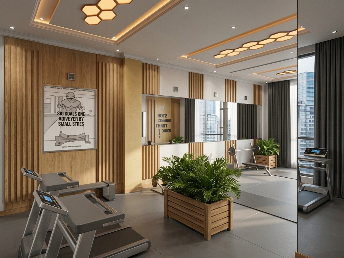 An incredibly lifelike, richly detailed, photorealistic wide-angle interior architectural rendering of a sleek corporate wellness gym set within a modern commercial high-rise during a bright summer midday. The scene is illuminated by recessed downlights integrated into clean white coffer ceilings, ambient natural light filtering around sleek charcoal drapes, and the soft amber backlighting of geometric hexagonal ceiling fixtures, creating an invigorating and sophisticated minimalist atmosphere. Captured with a high-end 24mm tilt-shift architectural lens, emphasizing tactile ribbed oak wall paneling, fine-stucco golden columns, brushed chrome treadmill accents, and durable matte grey gym flooring. 

In the foreground, modern fitness treadmills with glossy interactive consoles are paired alongside lush, lifelike indoor ferns nestled inside warm slatted wood planters, introducing a fresh biophilic touch. Polished full-height mirror panels line the perimeter walls, crisply reflecting an immaculate bench press station and motivational wall graphics while enhancing the perceived volume of the workout area. Behind the elegant curtained glazing, subtle glimpses of surrounding contemporary glass office towers ground the space firmly within an upscale corporate environment.