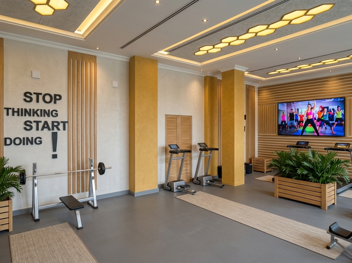 An incredibly lifelike, richly detailed, photorealistic wide-angle interior shot of a contemporary office wellness gym set in a high-end corporate building during a bright summer midday. The scene is illuminated by abundant natural ambient daylight mixed with glowing warm-yellow honeycomb acoustic ceiling fixtures and recessed downlights, creating a motivating, vibrant, and minimalist atmosphere. Captured with a professional full-frame camera and a 24mm tilt-shift lens, emphasizing the tactile plaster walls, slatted natural oak paneling, textured ochre-yellow support columns, and non-slip matte grey rubber flooring layered with neutral workout runners. In the foreground, a sleek bench press station with polished chrome bars and rubber-coated plates sits beneath the bold, matte-black dimensional wall lettering that reads "STOP THINKING START DOING !". Across the open-plan fitness zone, state-of-the-art cardio machines are arranged beside custom cedar planter boxes brimming with lush, photorealistic indoor palms. A large, slim-bezel monitor mounted on the wood-slatted feature wall actively displays an energetic high-definition fitness session, completing this sophisticated, health-focused workplace haven.
