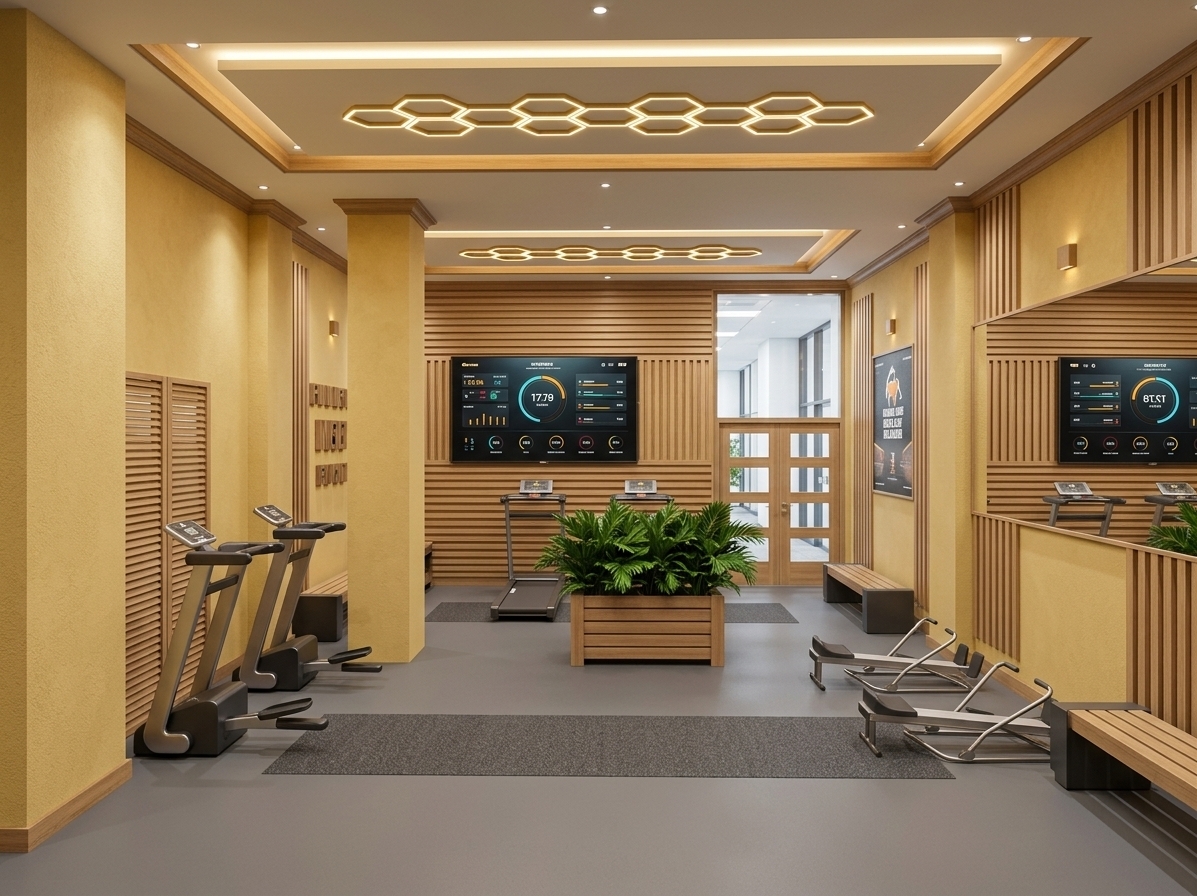 An incredibly lifelike, richly detailed, photorealistic wide-angle interior shot of a contemporary office wellness gym set within a bustling commercial building on a clear summer midday. The scene is illuminated by a balanced mix of diffuse natural light filtering through glass partitions and ambient recessed downlights paired with glowing golden hexagonal ceiling fixtures, creating an invigorating, clean, and minimalist atmosphere. Captured with a professional wide-angle architectural lens at eye level, emphasizing the fine stucco texture of the warm yellow pillars, the crisp horizontal light-oak wood slat wall paneling, and the seamless matte-gray performance rubber flooring lined with textured workout runners. 

At the center, a handcrafted wooden planter box thrives with hyper-realistic lush green foliage, lending an organic biophilic touch to the functional layout. Neatly arranged exercise stations feature refined metallic and charcoal finishes on the elliptical steppers, low-profile rowers, and rear treadmills, while the large wall-mounted monitor displays vibrant, high-contrast workout metrics. Polished wall-spanning mirrors reflect the airy geometry and intricate wooden accents, while the glass rear doors offer an authentic glimpse into bright corporate hallways, perfectly embodying a high-end, dedicated executive fitness haven.