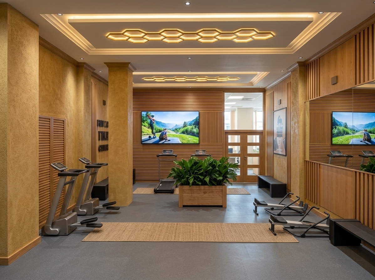 An incredibly lifelike, richly detailed, photorealistic wide-angle interior shot of a sophisticated office wellness gym set in a modern corporate building during a bright summer midday. The scene is illuminated by glowing honeycomb ceiling fixtures casting a warm golden radiance, balanced with soft, clean daylight filtering from adjacent sunlit office spaces visible through the framed glass door, creating an energizing yet serene atmosphere. Captured with a professional full-frame architectural lens, emphasizing the rich tactile stippled plaster on the golden-ochre structural pillars, finely crafted natural oak slat paneling, and smooth high-performance matte grey athletic flooring. 

In the center, a warm timber planter overflows with vibrant, photorealistic green foliage, adding a fresh biophilic touch between sleek cardio equipment and rowing stations finished in brushed aluminum and matte charcoal. A prominent high-definition flat screen mounted on the rear slatted accent wall displays vivid scenic fitness landscapes, while the large mirror on the right adds immense depth by reflecting the intricate ceiling design, wooden textures, and ambient light, culminating in an immaculate, functional corporate haven.