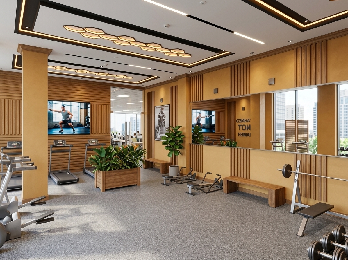An incredibly lifelike, richly detailed, photorealistic wide-angle interior photo of a sleek corporate fitness gym set in a modern commercial office tower. The scene is illuminated by bright midday summer sunlight softly balancing with the warm glow from recessed spotlights and striking honeycomb-patterned LED panels recessed into matte-black ceiling recesses, creating an invigorating, upscale atmosphere. Captured with a professional full-frame camera and a 24mm tilt-shift lens, emphasizing the fine texture of the warm ochre-plastered pillars, rich vertical oak slats, crisp mirror reflections, and seamless speckled grey athletic flooring. High-performance treadmills, rowers, and a steel weight-bench station are arranged cleanly alongside a lush, realistic tropical planter box, while a high-definition motivational workout stream glows vividly on the wall-mounted screen, with glimpses of a bustling sunlit corporate office landscape visible through the clear glass doors in the background.