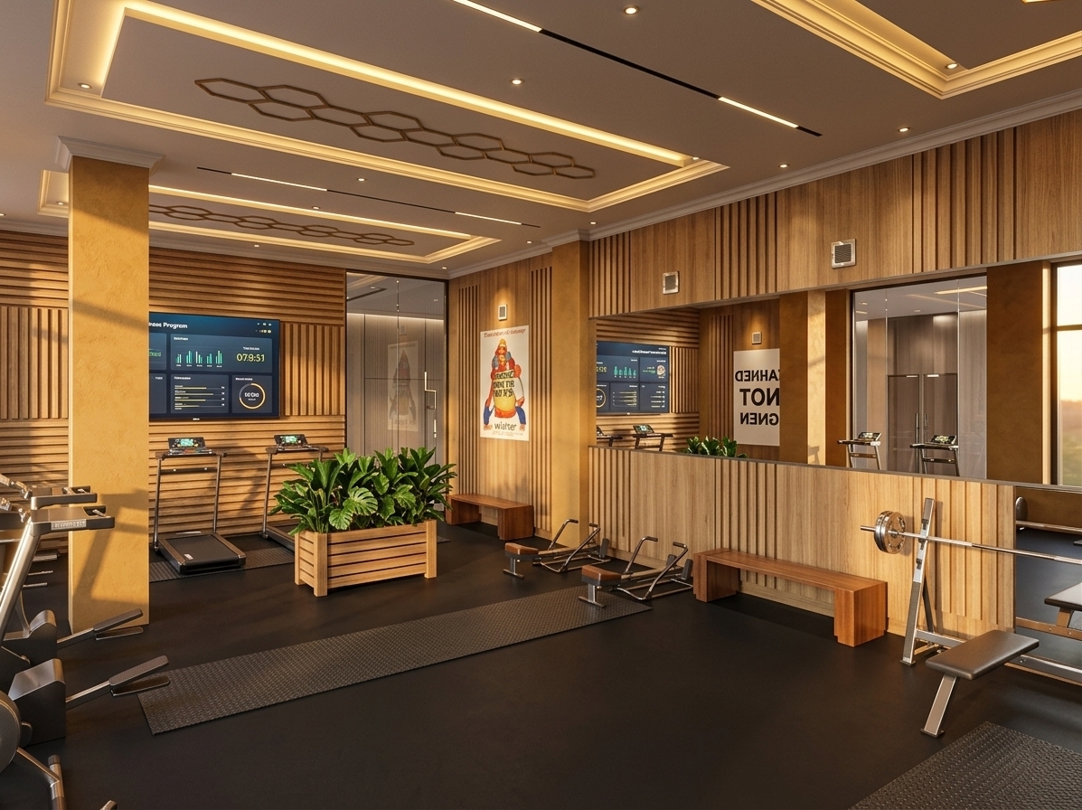 An incredibly lifelike, richly detailed, photorealistic wide-angle interior shot of a modern office fitness gym set in a high-end corporate building. The scene is illuminated by the soft, golden glow of a summer sunset streaming across polished surfaces combined with warm, ambient honeycomb ceiling fixtures, creating an energizing yet serene minimalist atmosphere. Captured with a professional full-frame camera and a 24mm architectural wide-angle lens, emphasizing natural vertical wood slat paneling, rich ochre plaster-textured columns, non-slip matte athletic flooring, and crystalline mirror reflections. Inside this executive wellness retreat, sleek treadmills, rowers, and a barbell bench press are pristine and inviting, accented by a vibrant, hyper-realistic planter box filled with lush tropical greenery. The wall-mounted display comes to life with a high-definition workout interface, while clean glass partitions in the background subtly reveal the polished corridors of the adjacent commercial office, completing this premium corporate haven.