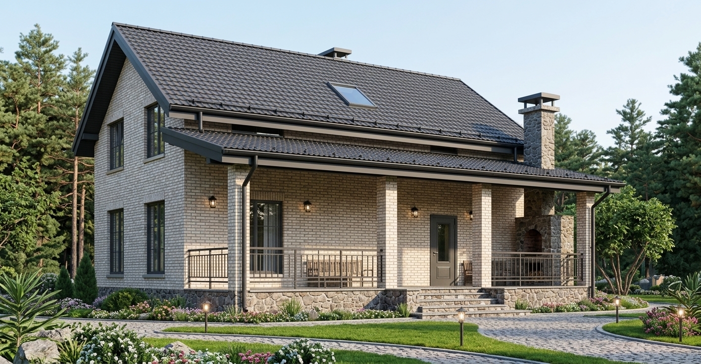 An incredibly lifelike, richly detailed, photorealistic wide-angle exterior shot of a modern Scandinavian sanctuary residence set in a tranquil, sunlit clearing surrounded by a dense coniferous pine forest. The scene is illuminated by brilliant, warm natural daylight casting crisp, delicate architectural shadows beneath the eaves and porch beams, creating an inviting, serene, and sophisticated atmosphere. Captured with a full-frame camera and a 35mm tilt-shift architectural lens, emphasizing the tactile textures of the light-hued brick facade, refined matte charcoal elements, and organic stonework. The steeply pitched gable roof is clad in premium dark-gray ceramic tiles and features a sleek, flush-mounted skylight centered perfectly along the upper slope, neatly outlined by a modern, matte-black gutter and downspout drainage system. Dark-gray window frames and a matching entry door contrast elegantly with the light masonry, finished with brushed steel-colored exterior sills beneath crystal-clear, reflective glazing. The spacious front veranda features updated, minimalist dark railing balustrades devoid of planter boxes, supported by brick piers and a rugged, fieldstone-clad plinth base that integrates seamlessly with broad stone steps leading up to the entrance. To the right, the towering textured stone outdoor fireplace anchors the terrace, while the meticulously landscaped foreground showcases emerald lawn expanses, delicate floral borders, low-profile ground lanterns, and curving pathways paved in finely detailed cobblestones that recede naturally into the photorealistic pine woodland under a soft, clear blue sky.
