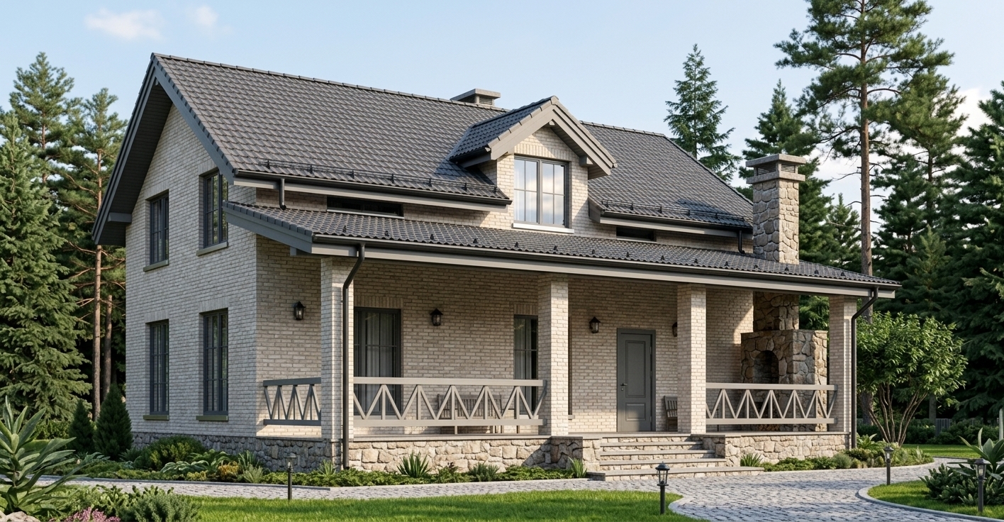 An incredibly lifelike, richly detailed, photorealistic eye-level exterior architectural shot of a contemporary two-story cottage set in a lush coniferous forest clearing with manicured lawns and paved cobblestone pathways. The scene is illuminated by crisp, natural mid-afternoon sunlight casting soft, elegant shadows, creating a serene and sophisticated atmosphere. Captured with a professional full-frame camera and a 35mm tilt-shift lens, emphasizing the tactile light-toned brick facade, the rough-cut natural stone masonry along the foundation and chimney, and the textured dark gray tile roof. Centered on the main roof pitch, an integrated dormer window catches the soft sky reflection, perfectly complementing the sleek black gutter system and the dark gray window frames with brushed steel sills that harmonize the uniform height of both lower and upper-floor windows. The welcoming front terrace features an updated, refined geometric railing clear of flower boxes, highlighting the clean architectural lines of the columns, while winding stone-paved walkways and tall evergreen pines in the background complete this exceptionally crisp, high-definition visualization.