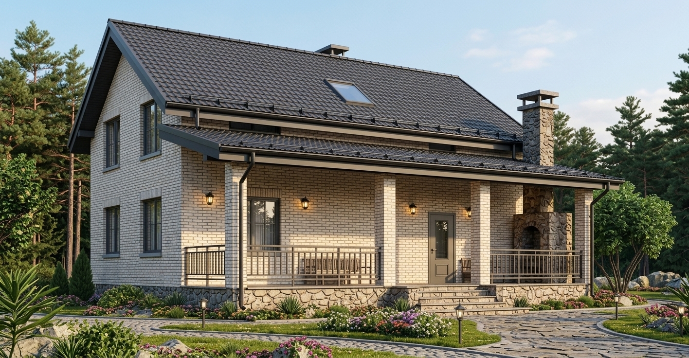 An incredibly lifelike, richly detailed, photorealistic wide-angle architectural rendering photo of an elegant two-story country house exterior set in a serene pine forest clearing with manicured landscaping. The scene is illuminated by crisp, warm afternoon sunlight casting soft, precise shadows across the facade, creating an inviting and peaceful suburban atmosphere. Captured with a professional full-frame tilt-shift lens, emphasizing the fine tactile relief of the pale textured facing brickwork, the rugged natural stone cladding along the elevated plinth, and the semi-matte sheen of the dark-grey ceramic roof tiles. The architectural design features sleek dark-grey window and door frames accented with subtle steel-colored sills, unified by a clean black gutter and downspout drainage system. A wide, welcoming covered porch rests on solid brick pillars with integrated stone steps, modern metal railings, and a built-in stone masonry chimney to the right, while the foreground showcases cobblestone walkways winding through vibrant flowerbeds, low-voltage landscape lighting, and lush green lawns backed by towering, hyper-realistic evergreen trees beneath a soft gradient blue sky.
