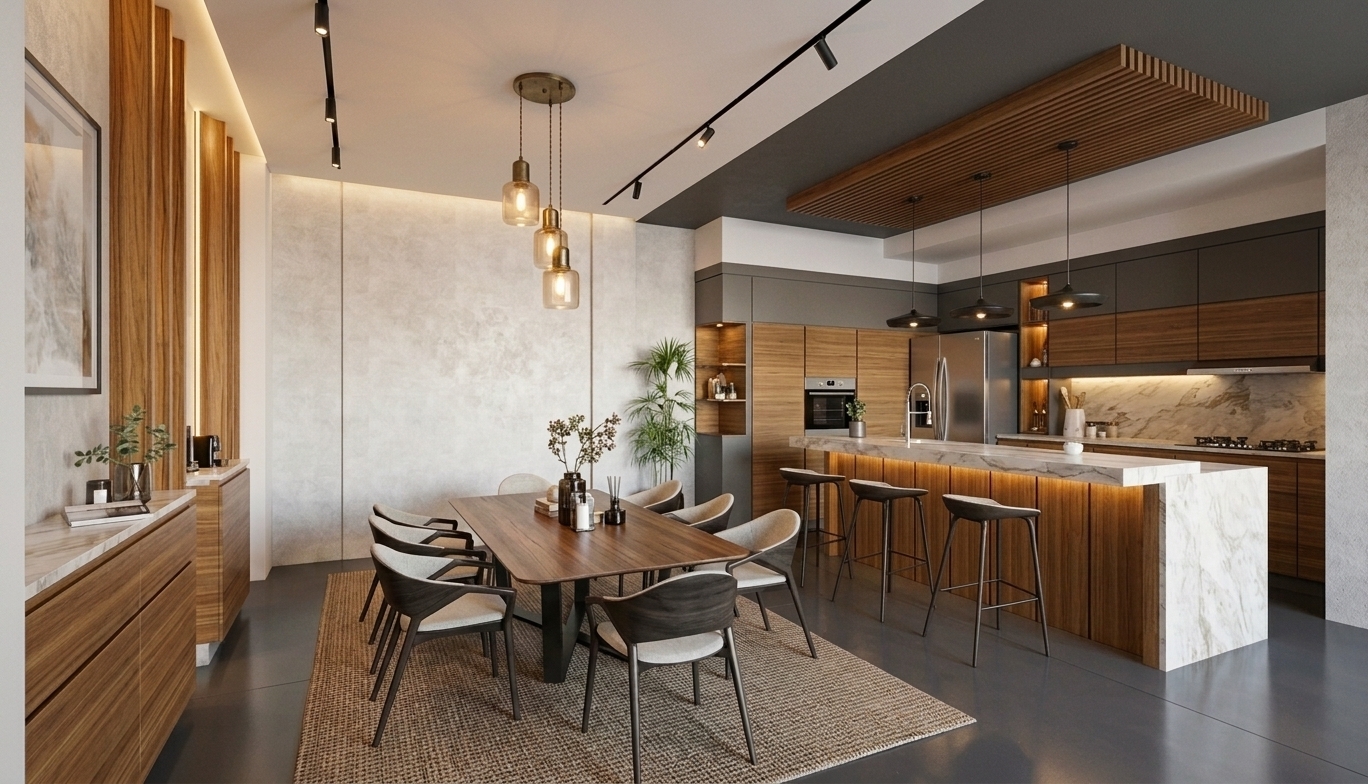A professional interior photograph capturing the exact modern kitchen and dining space with natural architectural lighting and authentic material physics. Warm ambient light emanates softly from the glass pendant fixtures, black task lights, and integrated under-counter LED strips, casting realistic, diffuse shadows across the rich walnut cabinetry, marble waterfall island, and textured plaster walls. The woven rug, upholstered chairs, and matte concrete flooring show subtle tactile micro-textures and soft specular highlights. Shot on a full-frame wide-angle lens with natural depth of field, precise color balance, gentle edge vignetting, and fine optical grain for true photographic realism while preserving the exact original geometry and composition.