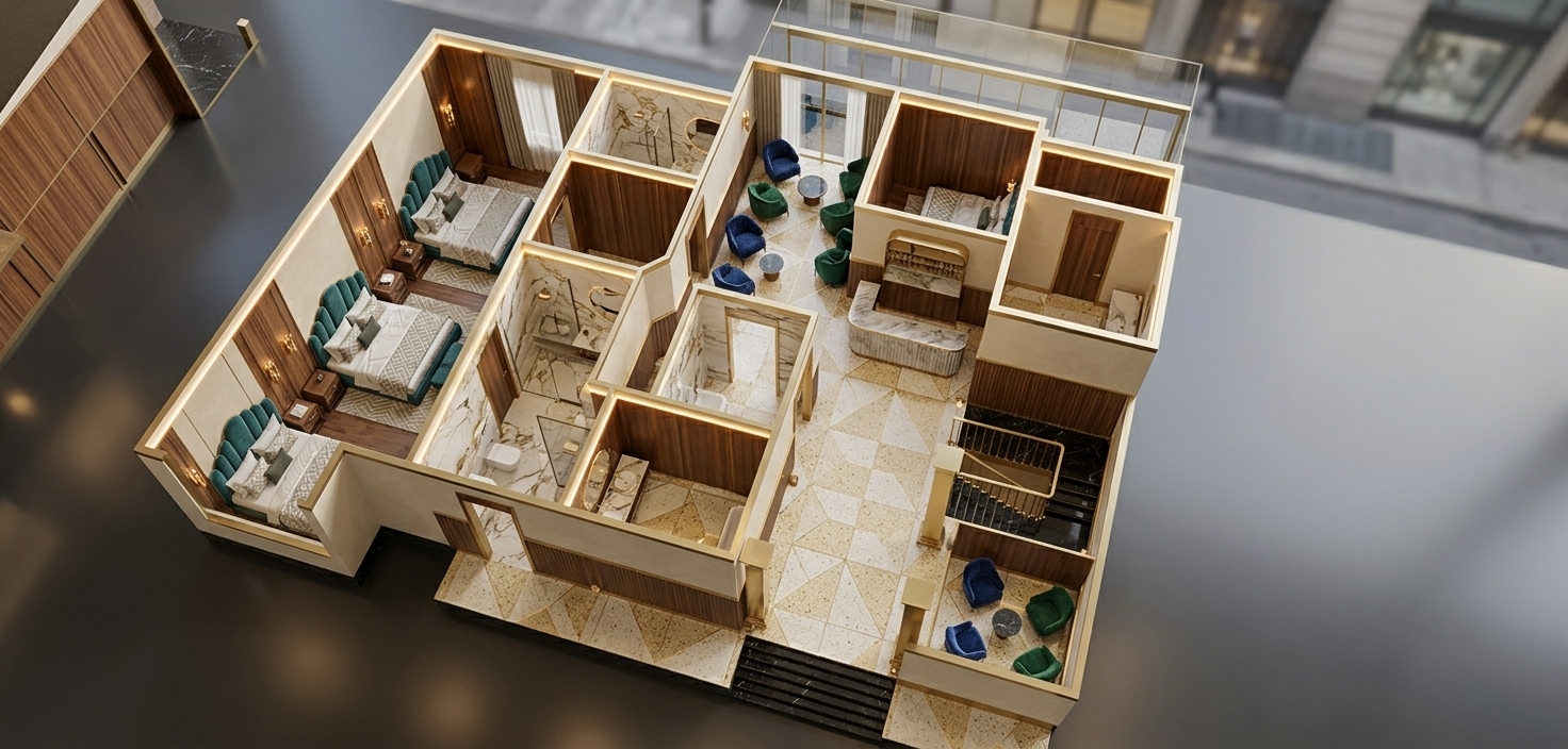 An incredibly lifelike, richly detailed, photorealistic elevated cutaway interior rendering of an opulent boutique hotel layout set in a glamorous urban retreat. The scene is illuminated by warm, concealed perimeter cove lighting and gleaming brass Art Deco sconces paired with soft natural daylight entering from the rear glass atrium, creating an intensely sophisticated and inviting atmosphere. Captured with a tilt-shift wide-angle architectural lens, emphasizing glossy polished marble, fluted walnut paneling, and brushed gold accents. 

Following the precise floor plan, each demarcated guest suite is furnished with a lavish king-sized bed featuring a scalloped velvet headboard and rich silk linens, accompanied by a seamless, fully integrated private bathroom lined in Calacatta gold marble. The spacious central lounge boasts geometric terrazzo flooring, plush velvet seating clusters, and elegant architectural pillars, while the meticulously preserved staircase features deep black marble treads, a polished brass balustrade, and a spacious mid-level landing connecting the levels with timeless Art Deco grandeur.