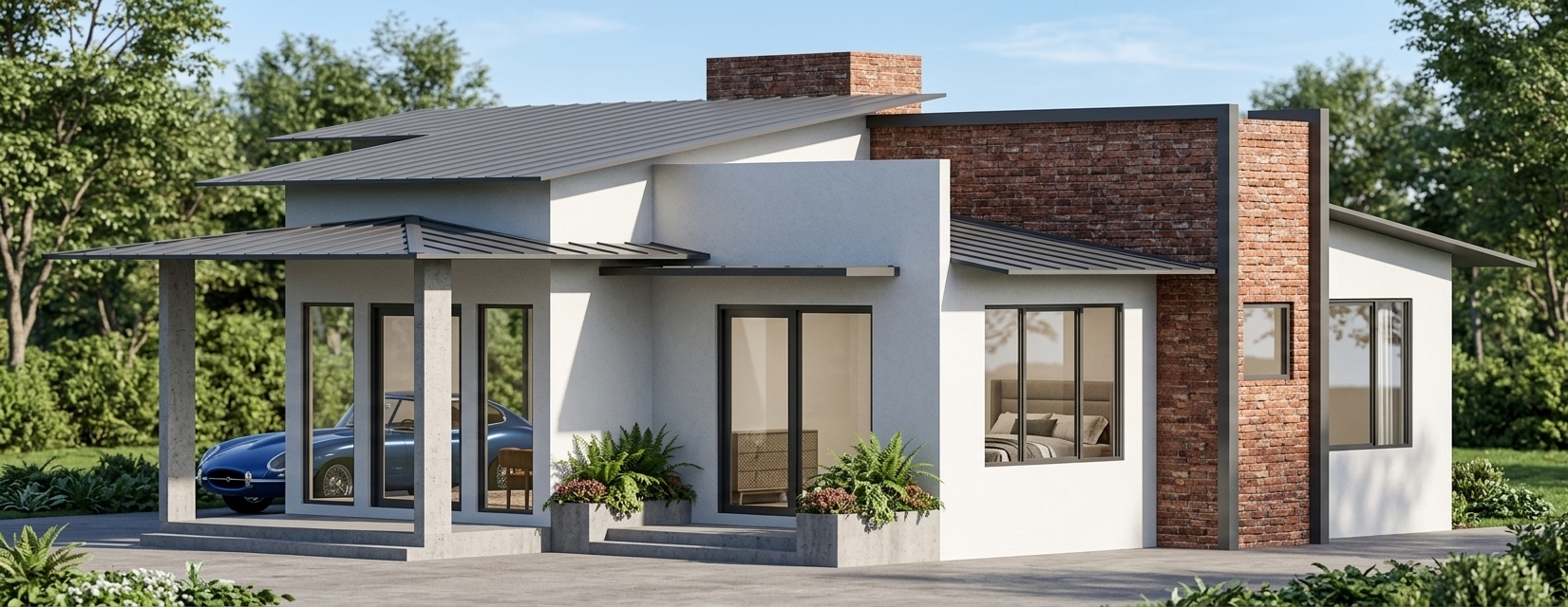 A crisp architectural photograph capturing the modern house with exact structural alignment, perspective, and composition. The scene is illuminated by clean afternoon daylight casting natural, soft-edged shadows. Exterior walls feature subtle matte stucco textures, complemented by tactile red-brick accents and dark metal trim around the glass panes. The multi-tiered pitched roof surfaces display realistic satin sheet-metal finishes with fine seam details. Transparent windows feature accurate sky reflections and subtle glimpses of the interior, while the parked vehicle under the carport shows glossy metallic paint. Concrete planters contain lush, lifelike foliage, fully rendered with natural physical lighting and nuanced surface textures throughout.