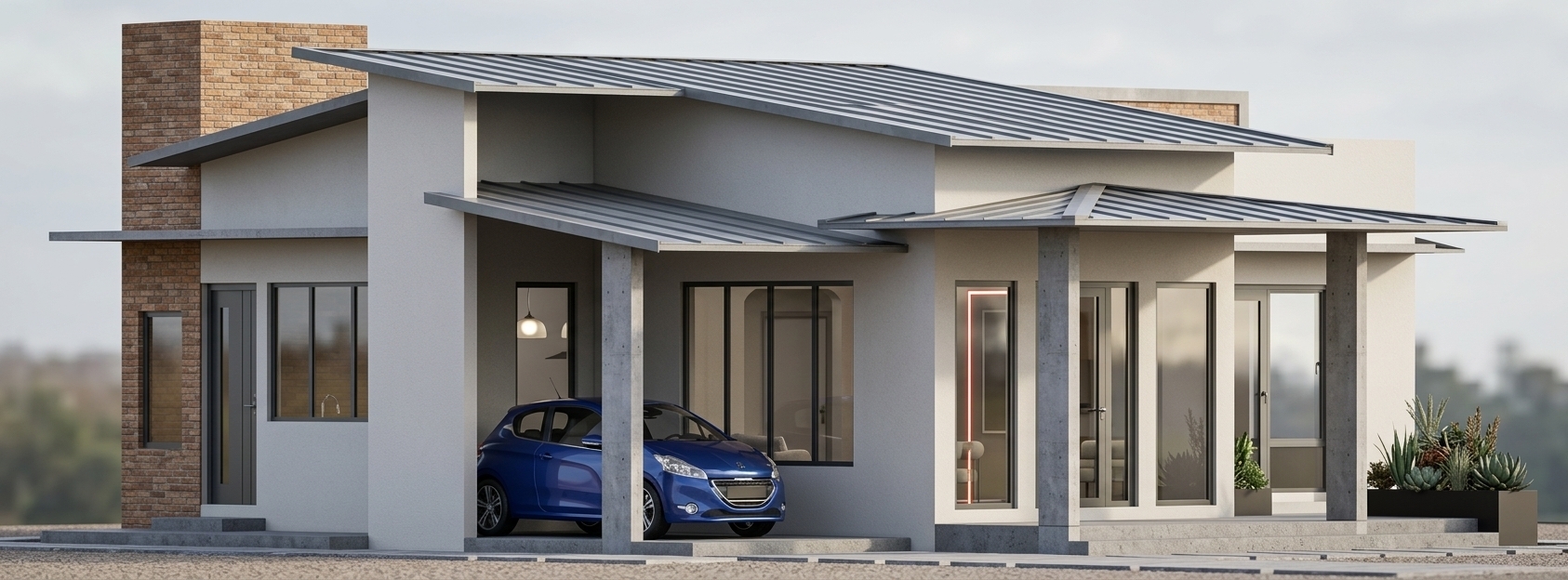 Eye-level architectural daylight photograph of the modern single-story house, maintaining the exact structural geometry, materials, and composition. The facade features realistically textured matte stucco, authentic rough brick masonry, cast-concrete pillars, and matte dark metal roofing. Parked in the carport, the blue hatchback displays glossy metallic paint with natural reflections and tire details. Large windows exhibit subtle interior transparency and soft ambient reflections. Natural, balanced sunlight creates soft, realistic shadows beneath the overhangs with crisp focus and rich material micro-textures throughout.
