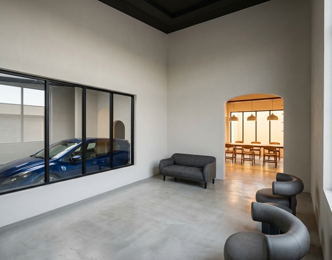 A crisp architectural photograph capturing the high-ceilinged interior exactly as composed, illuminated by soft natural daylight. The walls feature finely textured matte off-white plaster, paired with a dark ceiling and seamless light-grey microcement flooring displaying subtle ambient reflections. Through the black-framed window on the left, a photorealistic glossy deep-blue sports car reflects ambient exterior light across its metallic finish. The small sofa is rendered in tactile dark charcoal woven upholstery, while the curved foreground lounge chairs feature a smooth matte texture. Warm indoor light glows through the arched opening, illuminating the wooden dining set and pendant fixtures in the adjoining room. The scene is shot on a wide-angle architectural lens with sharp focus, neutral color balance, and clean, realistic material physics.