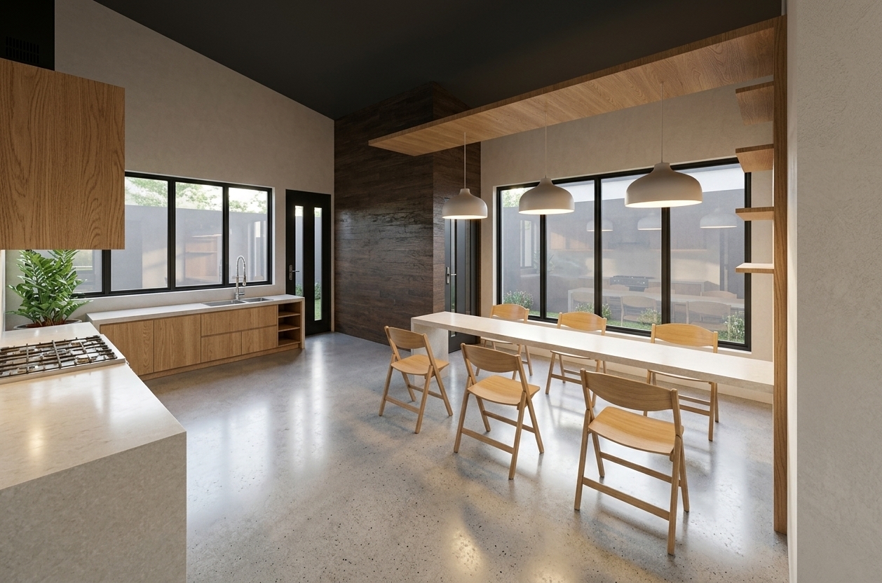 Architectural interior photograph of the modern open-plan kitchen and dining space, preserving the exact geometry and layout. Natural daylight streams through the large black-framed windows, blending with the warm, gentle illumination cast downward by the three white dome pendant lamps. Surfaces display authentic textures, featuring realistic wood grain on the light oak cabinetry and chairs, a smooth matte finish on the long table and countertops, rich depth on the dark wood accent wall, and a seamless light microcement floor with subtle specular reflections. The scene is captured with a sharp architectural lens, balanced exposure, natural contact shadows, and crisp, lifelike material details.
