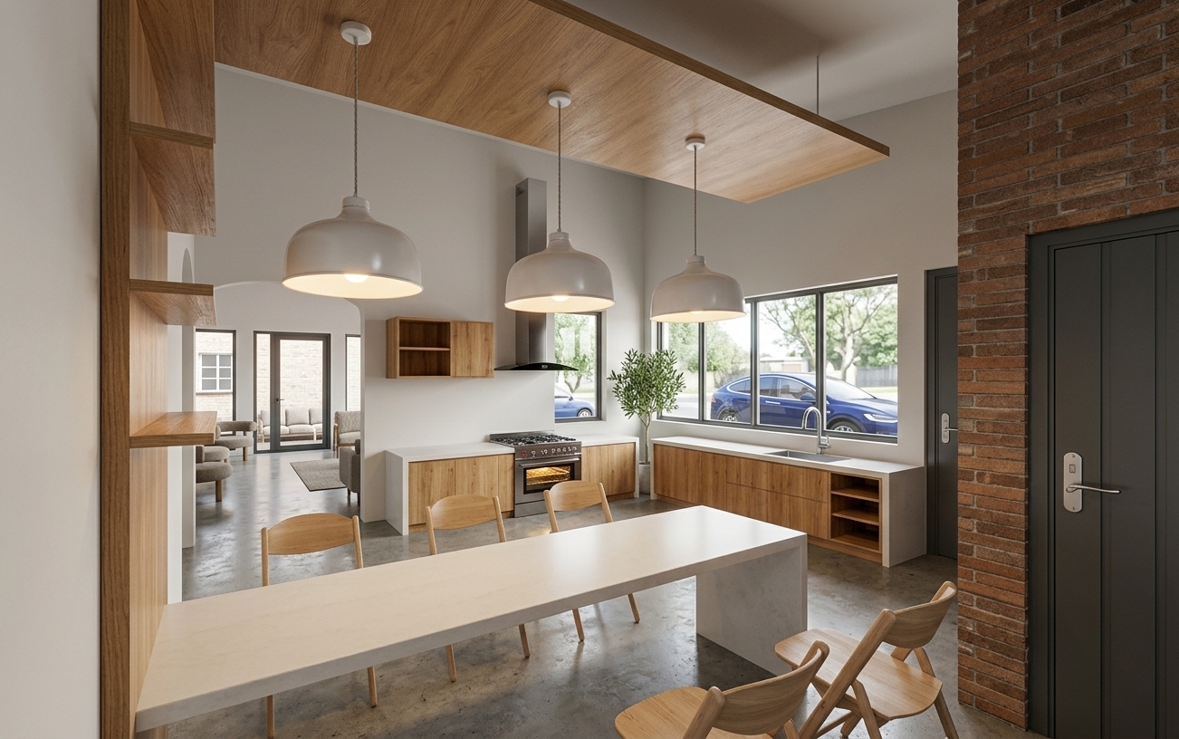 A photorealistic architectural interior photograph capturing the exact scene with soft daylight filtering through the windows and warm downward glow from the three white dome pendant lights. Materials are rendered with natural realism, including authentic wood grain on the ceiling canopy, cabinetry, and chairs, smooth matte white stone for the waterfall dining table and counters, realistic mortar texture on the exposed brick accent wall, and polished concrete flooring. The perspective, geometry, and placement remain identical, captured with crisp full-frame architectural lens clarity, lifelike reflections on glass and metallic surfaces, and accurate contact shadows throughout.