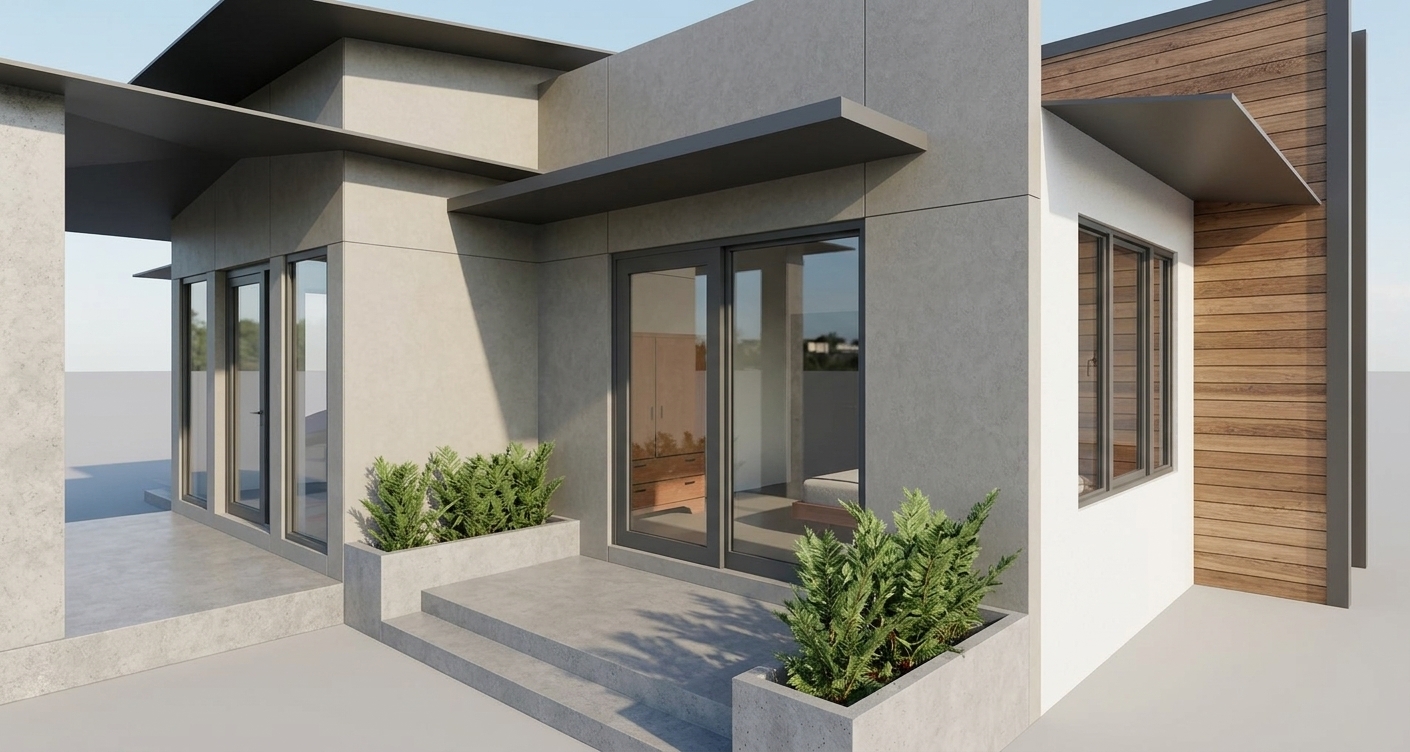 A crisp architectural photograph of the modern house exterior, preserving the exact geometry, perspective, and framing. Bright natural daylight creates soft, realistic shadows under the dark metal overhangs. The white exterior walls exhibit a fine matte stucco texture, contrasted by authentic, rich horizontal wood grain on the right facade. Clear glass panels on the sliding doors and windows feature subtle outdoor reflections and reveal the softly illuminated bedroom interior. The concrete patio steps and geometric planters display natural surface micro-textures alongside healthy, detailed green foliage, captured with sharp architectural focus, neutral color balance, and realistic dynamic range.