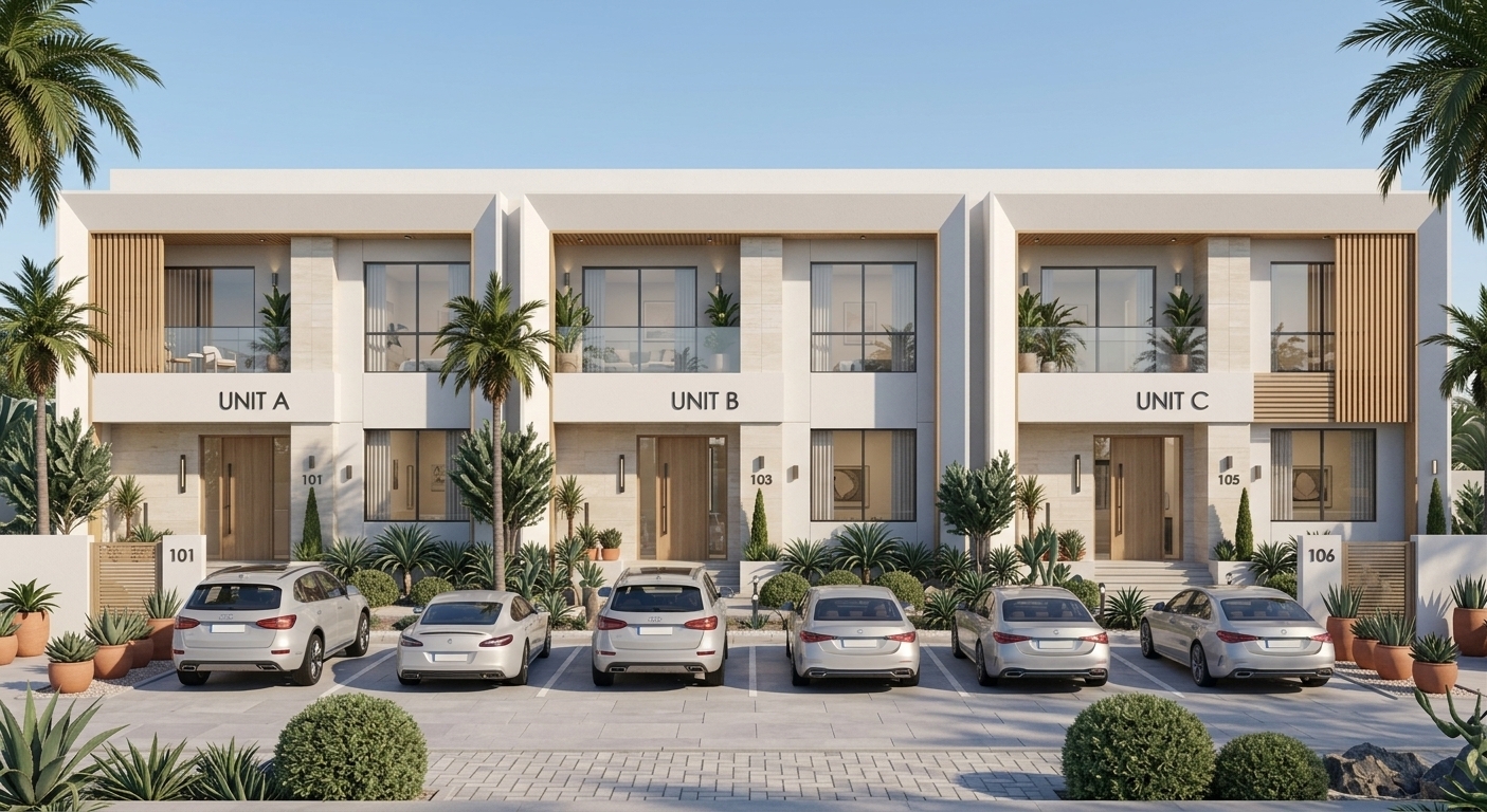 An incredibly lifelike, richly detailed, photorealistic wide architectural photo of a modern multi-unit luxury townhouse complex set in a tranquil, manicured residential enclave during a fresh spring day. The scene is illuminated by crisp, bright midday sunlight casting soft, elegant geometric shadows, creating a bright, serene, and revitalizing Scandinavian sanctuary atmosphere. Captured with a professional 35mm tilt-shift architectural lens, emphasizing the refined texture of the smooth Malaga white exterior cladding, polished light stone panels, and warm blonde-wood slatted accents framing each unit. Expansive glass facade panels and upper-story balcony doors reflect the clear sky while revealing warm glimpses into airy, light-drenched living room interiors curated with minimalist Nordic elegance. In the foreground, a pristine stone-paved driveway accommodates parked luxury cars, beautifully framed by neatly arranged desert palms, sculptural agave succulents, and terracotta planters that complete the sophisticated, organic-modern aesthetic.