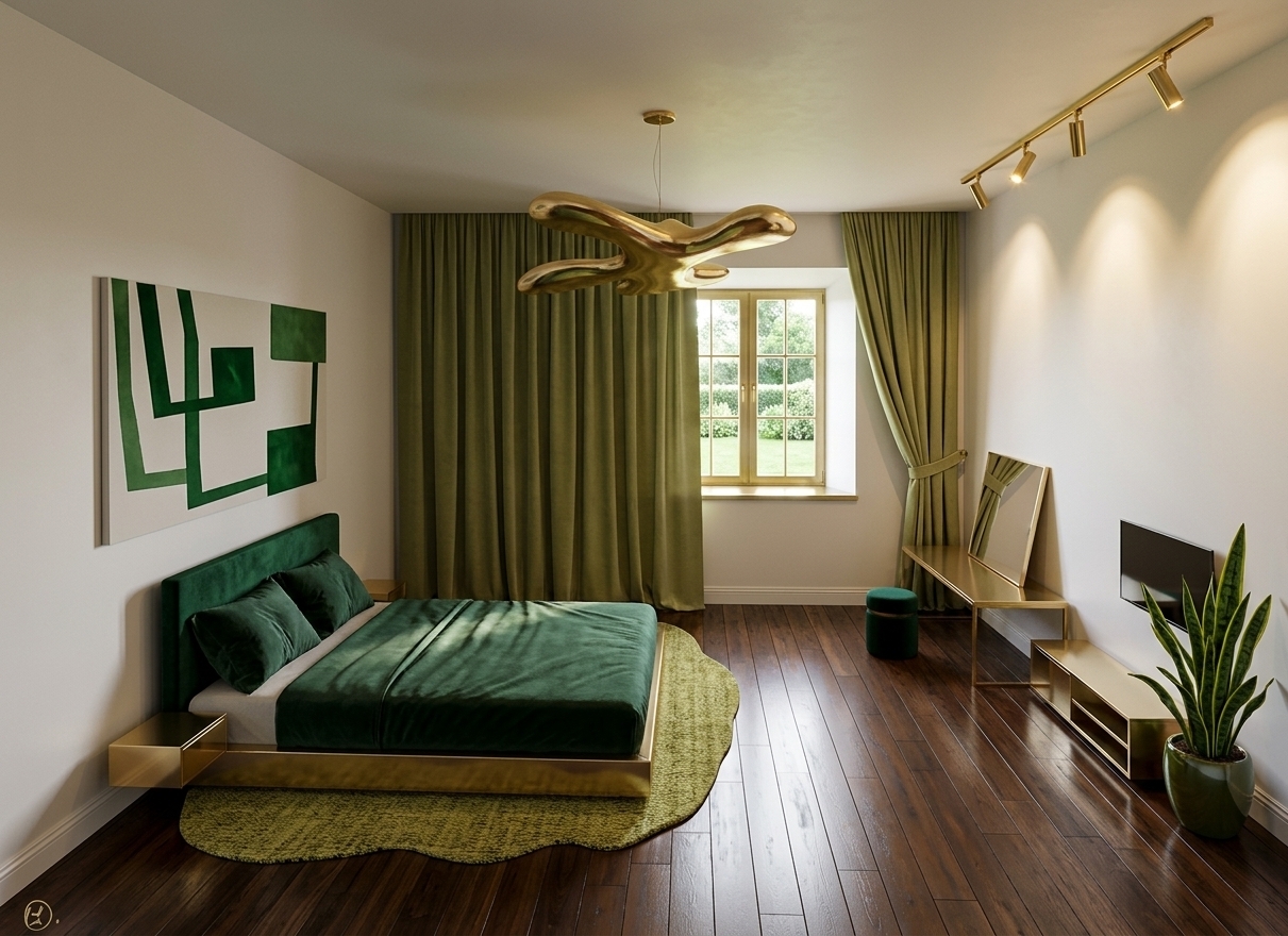 An incredibly lifelike, richly detailed, photorealistic wide-angle interior photograph of an opulent Art Deco-inspired bedroom set in a luxury contemporary residence. The scene is illuminated by warm, directional track spotlights and soft, diffused natural daylight streaming through the minimalist rear window, creating an extravagant, chic, and serene atmosphere. Captured with a 24mm architectural wide-angle lens, emphasizing rich jewel-toned velvets, mirror-lacquered furniture, and gleaming polished textures. The composition centers on dark, glossy hardwood plank flooring stretching across the space. To the left, a streamlined platform bed with gilded nightstands and deep emerald green velvet bedding sits atop a textured chartreuse rug beneath bold geometric wall art. Overhead, a dramatic, organically sculpted gold pendant fixture floats beside a floor-to-ceiling draped olive-green partition curtain. Along the right, a sleek gold-finished vanity table with an angled mirror, a low-profile lacquered media console, a dark emerald stool, and a vibrant indoor plant in a glossy pot complete this symmetrical, gilded, and lavishly detailed haven.