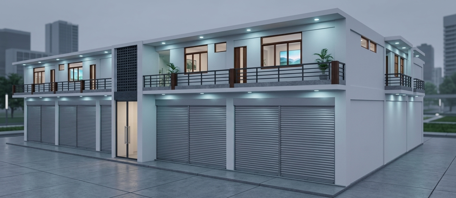 An incredibly lifelike, richly detailed, photorealistic wide-angle architectural shot of a modern two-story mixed-use building set in a tranquil, futuristic urban environment. The scene is illuminated by soft twilight ambient light integrated with cool gray undertones and subtle, sleek neon accents from recessed soffit downlights, creating a high-tech yet deeply tranquil, digital-zen atmosphere. Captured with a 24mm architectural tilt-shift lens, emphasizing the smooth, crisp white stucco, finely textured charcoal slate feature panels, brushed steel roller shutters, and polished concrete pavement. The spacious upper balcony features streamlined dark metal railings and rich timber doors, offering subtle glimpses into minimalist, clutter-free interior spaces subtly decorated with zen-inspired indoor plants, glass elements, and glowing digital landscape displays that effortlessly harmonize futuristic design with serene architectural simplicity.