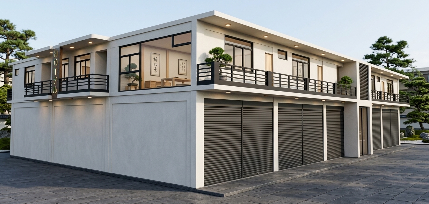 An incredibly lifelike, richly detailed, photorealistic exterior perspective shot of a contemporary Japanese Zen-inspired boutique hotel set in a tranquil, manicured urban environment. The scene is illuminated by soft, balanced morning daylight casting gentle geometric shadows alongside warm recessed soffit downlights, creating a calm, wabi-sabi atmosphere with the polished aesthetic of a high-end photography book. Captured with a professional 35mm tilt-shift architectural lens, emphasizing smooth off-white plaster, refined matte black metal framing, slatted balustrades, and sleek horizontal roll-up shopfronts. Through the upper-level windows, glimpses of uncluttered, minimalist interiors reveal low wooden furniture, tasteful Japanese calligraphy wall art, and lush potted bonsai, presenting a harmonious and balanced palette dominated by serene neutrals, deep charcoal blacks, and delicate natural greens.