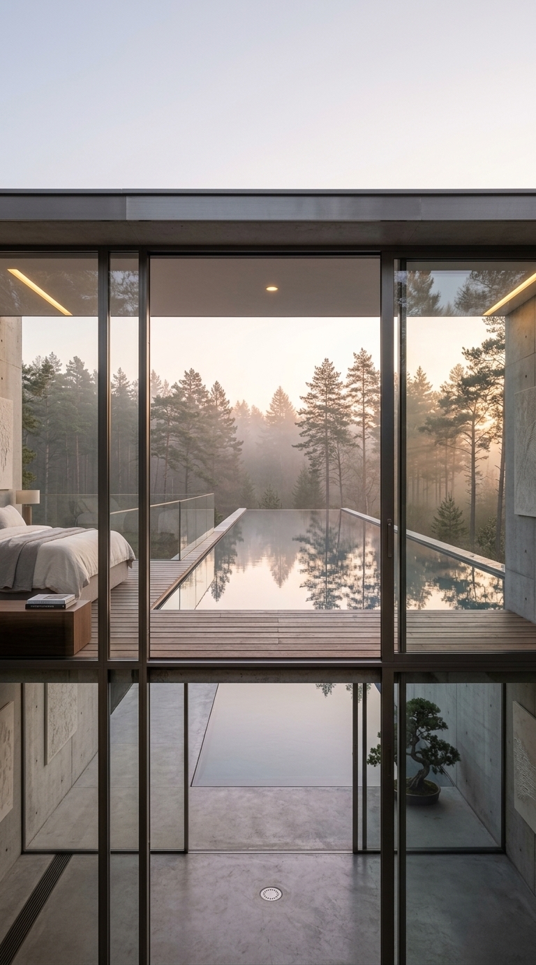 An incredibly lifelike, richly detailed, photorealistic wide-angle interior shot of a minimalist haven bedroom suite opening seamlessly onto a cantilevered outdoor pool area set in a tranquil, misty pine forest during early spring. The scene is illuminated by the soft, golden-pink light of a gentle sunset filtering through floor-to-ceiling panoramic glass, creating a deeply serene and zen-inspired atmosphere. Captured with a Hasselblad H6D-100c and a 24mm architectural lens, emphasizing mirror-flat water reflections, raw concrete finishes, brushed dark metal, and crisp linen textures. 

The uncluttered, modern space features a refined palette of soft grays, off-white, and subtle pastel hues, anchored by a low-profile platform bed with minimalist bedding and a sleek low wooden nightstand displaying a curated photography book. Subtle textured abstract wall art and a single sculptural indoor bonsai plant bring understated elegance to the streamlined surfaces. Through the open sliding glass, the still infinity pool reaches directly toward the misty treetops, effortlessly uniting the peaceful indoor sanctuary with the expansive natural landscape outside.