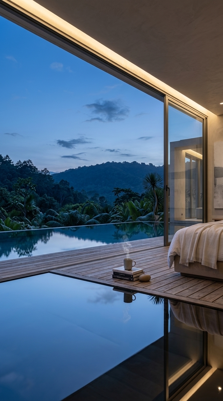 An incredibly lifelike, richly detailed, photorealistic wide-angle interior shot of a serene minimalist haven bedroom set in a tranquil mountain retreat on a quiet spring night. The scene is illuminated by soft, warm architectural cove lighting and the cool, ethereal glow of twilight reflecting across the outdoor pool, creating an intensely peaceful, zen-like atmosphere. Captured with a high-resolution 24mm wide-angle prime lens, emphasizing the rich textures of weathered teak wood decking, smooth micro-cement walls, crisp white linen bedding, and the glass-like surface of the infinity pool. Inside, streamlined furnishings in muted shades of gray, white, and subtle dusty pastels anchor the uncluttered layout, featuring a low-profile platform bed, a sleek blackened steel and timber side table displaying a single hardcover photography book, and a large-scale abstract canvas mounted on the adjacent wall. Floor-to-ceiling sliding glass doors open completely to integrate the bedroom with the outdoor pool area, where a solitary architectural indoor-outdoor potted plant casts delicate shadows, seamlessly uniting modern elegance, human scale, and nature’s nocturnal calm.