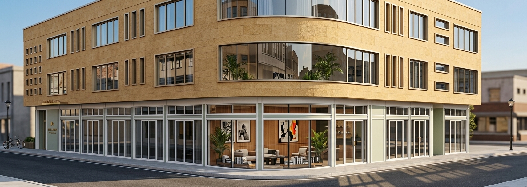 An incredibly lifelike, richly detailed, photorealistic exterior wide-angle architectural shot of a sleek modern fusion boutique hotel and commercial development set in a vibrant urban street corner environment. The scene is illuminated by crisp, natural afternoon sunlight casting elegant geometric shadows across the pavement and reflecting dynamically off the sweeping glass panes, creating an inviting and upscale atmosphere. Captured with a high-end tilt-shift architectural lens, emphasizing the fine texture of warm sandstone-hued modular cladding, brushed metallic window mullions, and crystal-clear reflective glazing. The building's fluid design is defined by a bold curved corner featuring panoramic wrap-around glass, offering a transparent glimpse into an open-concept hotel lobby detailed with smooth wooden surfaces, monochrome and vibrant abstract wall art, chic minimalist lounge seating beside coffee tables with photography books, and touches of lush indoor greenery. The ground floor presents a rhythmic, industrial-inspired expanse of storefront windows bordered by clean white framing and soft sage accent panels, all harmoniously composed above a pristine asphalt street corner to present a striking contemporary urban landmark.
