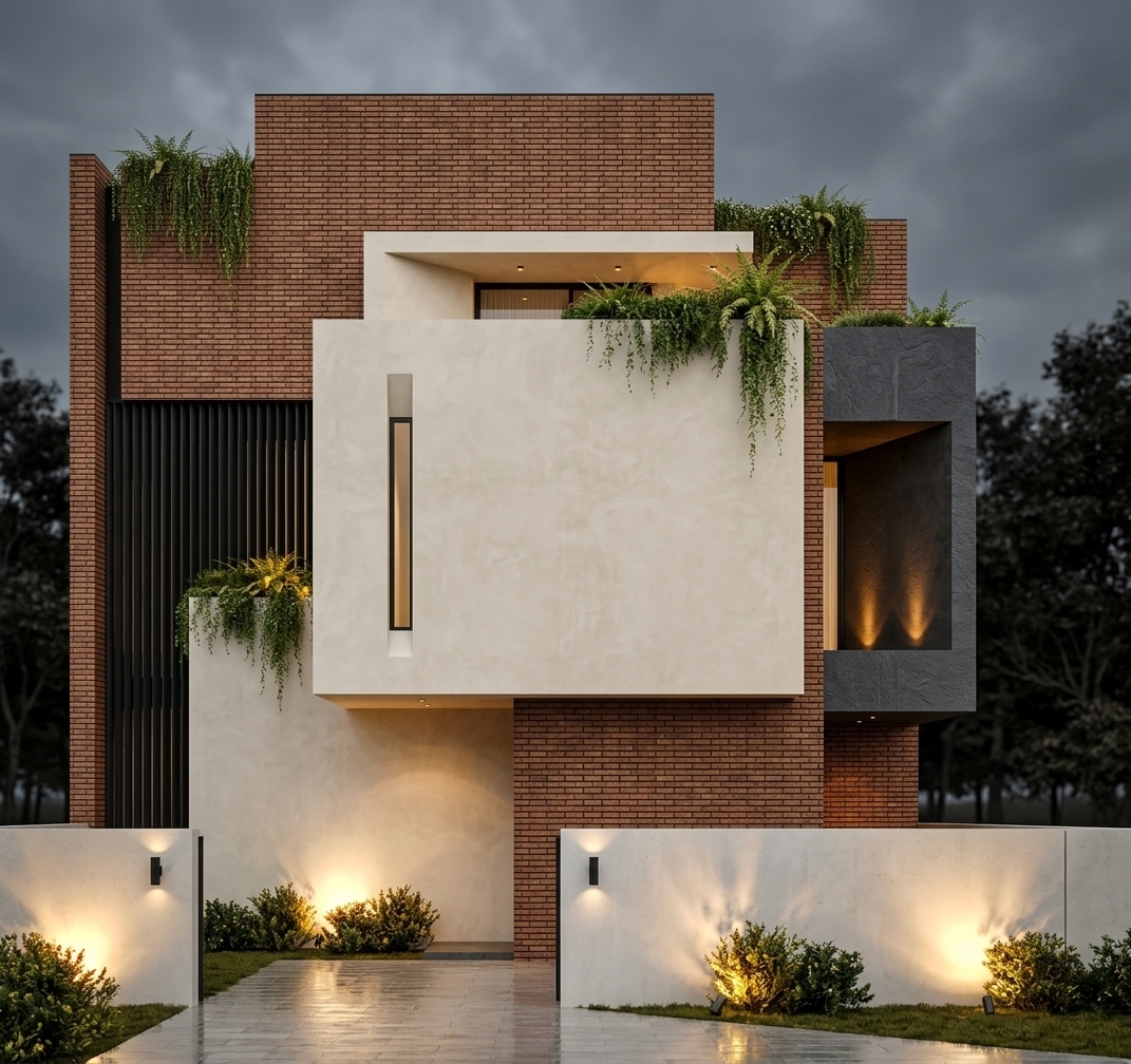An incredibly lifelike, richly detailed, photorealistic straight-on architectural exterior shot of a modern, multi-tiered villa set in a serene upscale residential setting. The scene is illuminated by soft, diffused overcast daylight seamlessly balanced with warm golden architectural lighting, creating a tranquil, sophisticated, and warm atmosphere. Captured with a full-frame camera and a professional architectural tilt-shift lens, emphasizing the exquisite material interplay between tactile terracotta brickwork, smooth lime-wash concrete, and charcoal textured stone.

The residence showcases a masterclass in modern cubic deconstructivism, composed of intersecting volumetric masses:
- **Terracotta Brick Volumes:** Towering geometric blocks clad in finely laid, earthy red-brown facing bricks add tactile warmth, rich texture, and a grounded organic quality to the upper and lateral levels.
- **Cantilevered Central Mass:** A massive, minimalist cube finished in smooth, warm off-white stucco floats prominently at the center, punctured by a single vertical slit window and topped with a recessed planter.
- **Charcoal Stone & Louvers:** The right flank features a deep-set dark charcoal slate volume that frames recessed openings with integrated amber accent lights, balanced on the left by sleek, full-height matte black vertical privacy louvers.
- **Lush Integrated Landscaping:** Vibrant trailing foliage, delicate ferns, and hanging vines cascade gracefully over the parapets and cantilevered ledges, introducing a fresh, natural vibrancy against the structured geometric facade.
- **Perimeter & Streetscape:** In the foreground, a crisp boundary wall matching the light concrete tone is punctuated by slim black vertical metal gates and accented with minimalist sconces. Symmetrically arranged low shrubs with integrated ground uplights cast warm, dramatic flares upward across the wall, while the subtly reflective, wet-look paved driveway grounds the composition in absolute photorealism.
