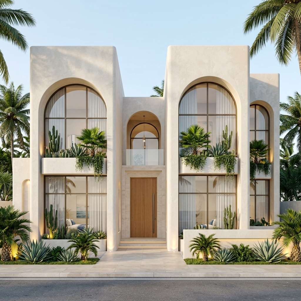 An incredibly lifelike, richly detailed, photorealistic front-elevation architectural shot of a contemporary luxury coastal villa facade set in a lush, sun-drenched tropical oasis. The scene is illuminated by crisp, late-afternoon natural sunlight paired with warm, integrated ambient up-lighting and recessed niche lights, creating an airy, light, and deeply inviting atmosphere. Captured with a professional 35mm tilt-shift lens, emphasizing the fine plaster textures, dramatic vertical proportions, and the clean interplay between organic nature and sculptural modernism.

### Architectural Form and Materials
The villa showcases a striking neoclassical-meets-minimalist coastal aesthetic, characterized by monumental symmetry, clean lines, and deep sculptural reliefs:
* **Facade & Envelope:** Clad in a tactile, off-white to warm sandy-neutral lime-wash plaster that catches the sunlight with soft micro-textures. Deeply recessed twin volumes flank the central axis, crowned by grand, floor-to-ceiling arched portals.
* **Glazing & Fenestration:** Massive two-story arched windows framed in slender, dark bronze aluminum profiles dominate both wings. Behind the transparent glass, light, semi-sheer linen drapes hang gracefully, suggesting bright, breezy interiors decorated in soothing coastal tones of crisp white, sand, and ocean blues.
* **Central Entrance:** A towering, vertical-slat warm oak pivot door serves as the grounded focal point, framed by a recessed limestone entryway. Directly above it, a second-floor arched open loggia features a minimalist frameless glass balustrade and a delicate pendant light fixture.
* **Secondary Arches:** Symmetrically placed ground-level arched niches with glowing concealed LED cove lighting add depth and architectural rhythm to the lower facade.

### Landscaping and Environment
* **Balcony Greenery:** Embedded cantilevered planter boxes inside the upper arches burst with sculptural cacti, vibrant green fan palms, and delicate hanging ivy that drapes organically down the smooth facade.
* **Ground-Level Plantings:** The base of the perimeter wall is lined with manicured tropical landscaping, including agaves, dwarf palms, and lush foliage, each highlighted by precise golden uplights.
* **Surrounding Canopy:** Tall, mature coconut palms frame the structure against an open, pale blue sky, reinforcing the breezy, coastal seaside sanctuary ambiance.

### Boundary and Streetscape
* **Perimeter Wall & Gate:** A clean, low sand-toned boundary wall extends across the foreground, punctuated by modern square wall sconces. In the center, a matching vertical-slatted timber gate seamlessly echoes the warmth and texture of the main entry door.
* **Foreground:** A smooth stone-tiled sidewalk transitions into a clean asphalt roadway, grounding the rendering with impeccable realism and spatial depth.