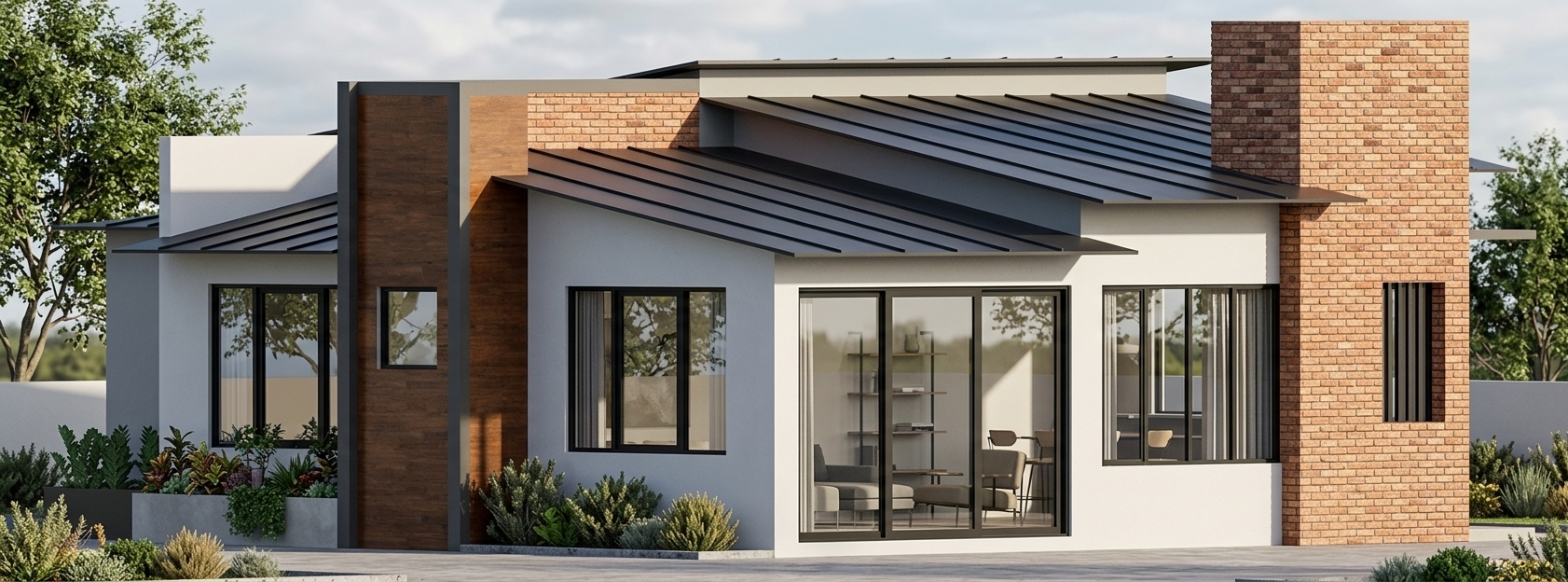 An architectural photograph of this modern house exterior in crisp daylight. The white and grey stucco walls feature tactile matte plaster textures, complemented by authentic masonry on the vertical brick cladding. Dark-framed windows exhibit realistic glass reflections with subtle interior warmth, while the low-pitch metal roofs show clean seams and soft sky highlights. Captured straight-on with a sharp architectural lens, balanced natural shadows, and rich dynamic range.