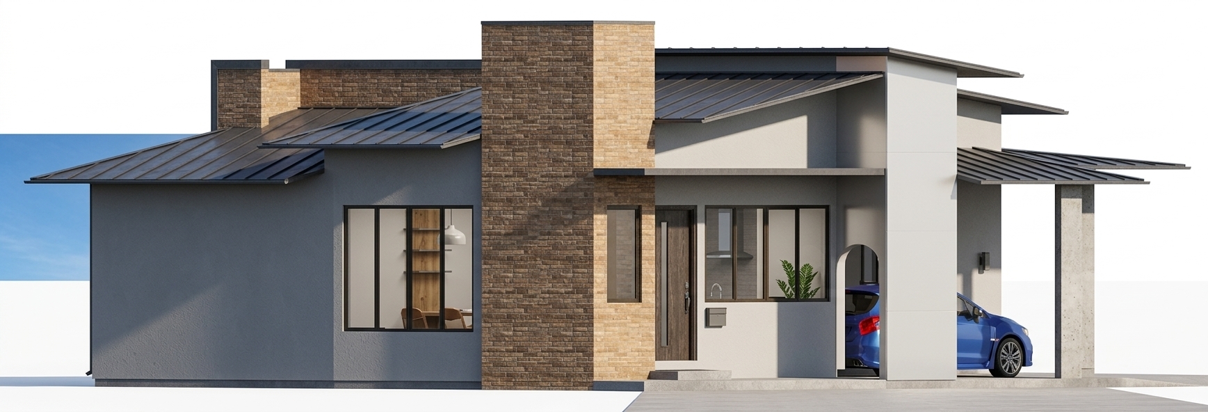 An architectural photograph of the modern single-story residence captured in crisp daylight using a 50mm tilt-shift lens from an eye-level elevation perspective. The exterior features realistic material textures, including fine-grained matte stucco on the white and gray walls, tactile brickwork with subtle mortar variations on the central column, and clear multi-pane glass with soft sky reflections and gentle interior illumination. Soft, directional sunlight casts natural shadows under the roof eaves and inside the carport, where the blue vehicle exhibits an authentic automotive clear-coat sheen. The image has balanced exposure, clean contrast, subtle surface micro-imperfections, and edge-to-edge sharpness with neutral color grading.