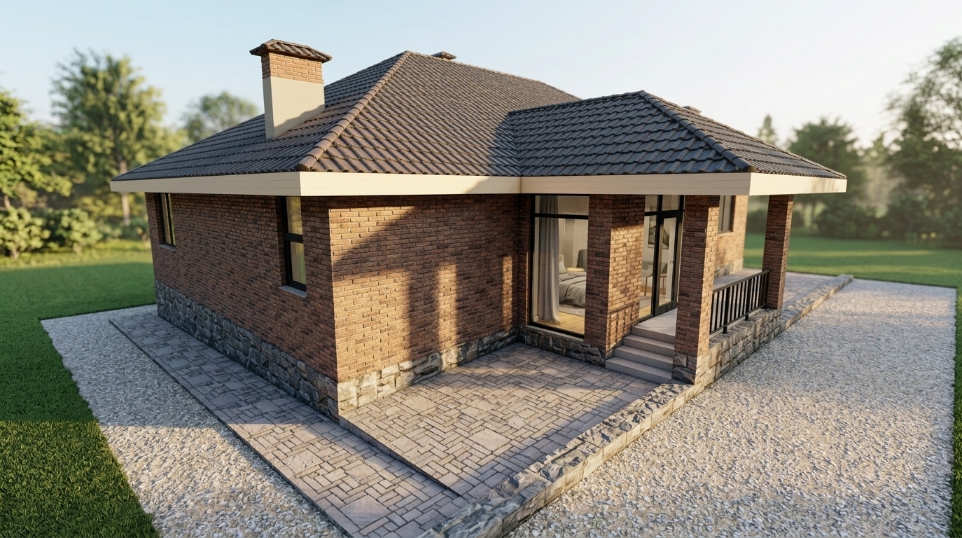 An incredibly lifelike, richly detailed, photorealistic elevated three-quarter exterior view of a single-story brick home set in a serene, nature-fringed suburban landscape during early summer. The scene is illuminated by the soft, directional golden glow of the sunrise, casting long, crisp morning shadows and creating a tranquil, bright, and airy atmosphere. Captured with a professional tilt-shift architectural lens, emphasizing the tactile red-brown textured brick masonry, the sculpted dark clay roof tiles, the rugged slate-textured foundation, and the clean interlocking stone patio tiles. Through the glass entrance doors, hints of a minimalist, Hygge-inspired interior styled in shades of soft gray, white, and warm wood are subtly visible, while sleek black metal railings and a crisp transition to fine gravel and manicured green turf ground this tranquil Scandinavian sanctuary aesthetic.