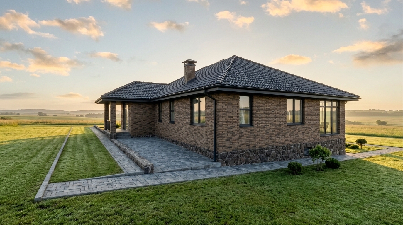An incredibly lifelike, richly detailed, photorealistic wide-angle architectural shot of a single-story brick residential sanctuary set in a serene, open summer landscape. The scene is illuminated by the soft, golden radiance of an early sunrise, creating a tranquil, airy, and warm hygge-inspired atmosphere. Captured with a professional full-frame camera and a 24mm tilt-shift architectural lens, emphasizing the nuanced textures of the variegated brown brick facade, the rugged dark-stone base plinth, and the rich matte finish of the dark hipped roof tiles. A paved stone terrace and neat gravel pathway wrap along the side, bordered by a fresh, dew-kissed green lawn. The sleek, dark-framed large windows catch soft morning reflections while offering subtle glimpses of bright, minimalist, nature-inspired interiors adorned in calming shades of white, gray, and gentle green tones.