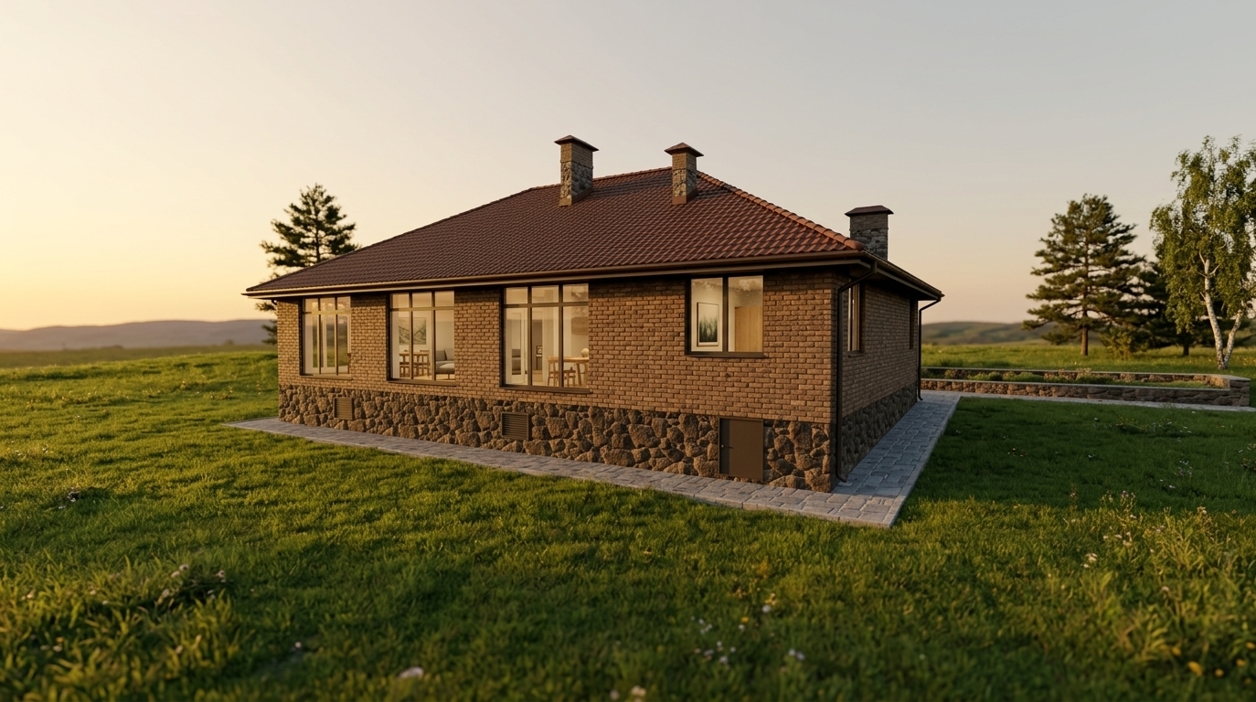 An incredibly lifelike, richly detailed, photorealistic wide-angle exterior shot of a contemporary Scandinavian-inspired residence set in a tranquil summer meadow. The scene is illuminated by the warm, golden amber light of a summer sunset, creating a serene, bright, and hygge-infused atmosphere. Captured with a professional 35mm tilt-shift lens, emphasizing the rich tactile textures of the warm brown brickwork, the rugged dark stone-clad foundation, and the crisp ridges of the hipped tiled roof punctuated by three robust chimneys. Expansive, sleek dark-framed windows and patio doors reveal glimpses of clean, minimalist interiors adorned with natural wood furnishings, plush textiles, and nature-inspired art in soft whites, grays, and muted greens. A clean paved stone pathway borders the structure, neatly grounding the home amidst the peaceful, lush green lawn bathed in the soft glow of dusk.