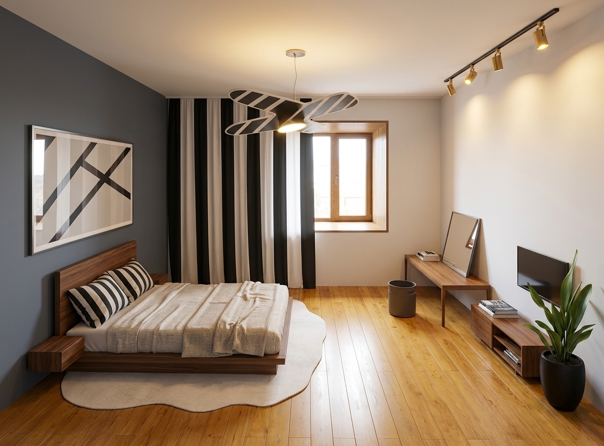 An incredibly lifelike, richly detailed, photorealistic wide-angle interior shot of a mid-century modern bedroom set in a stylish, serene apartment. The scene is illuminated by warm, ambient overhead track lighting paired with soft daylight filtering through the background window, creating an inviting, sophisticated, and uncluttered atmosphere. Captured with a full-frame DSLR and a 24mm wide-angle lens, emphasizing rich wood grains, crisp architectural lines, and plush woven fabrics. The room features a low-profile walnut platform bed with integrated floating nightstands, layered with comfortable textured linens and set atop an organic, asymmetrical white rug over gleaming golden oak hardwood floors. On the deep slate-grey accent wall hangs a sleek abstract art piece with bold linear forms, balanced by a striking black-and-white vertical striped partition and a sculptural mid-century ceiling fixture. To the right, minimalist teak console tables and a low media unit keep the surfaces clutter-free, displaying an angled mirror and curated photography books, while a vibrant potted indoor plant in a matte black ceramic planter brings a fresh, organic warmth to this timeless, retro-modern sanctuary.