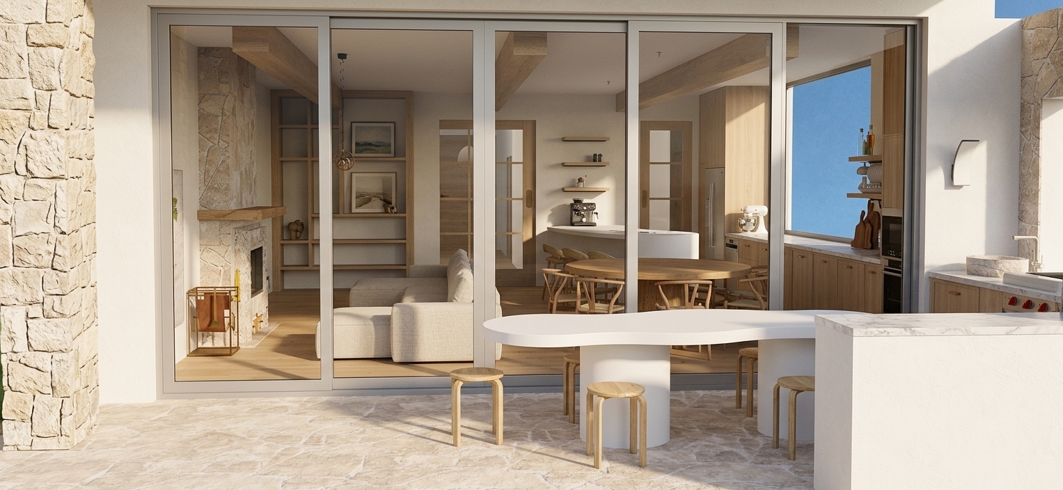 A bright, photorealistic architectural photograph captured on a sunny summer midday using a wide-angle lens. Intense, natural high-noon sunlight casts soft shadows across the textured limestone patio floor, smooth matte white organically shaped table, and pale wooden stools. The rough-cut stone pillars and crisp white walls exhibit authentic physical micro-textures, while the expansive glass sliding doors display realistic outdoor reflections and transparency into the softly lit interior living spaces under a vivid blue sky.