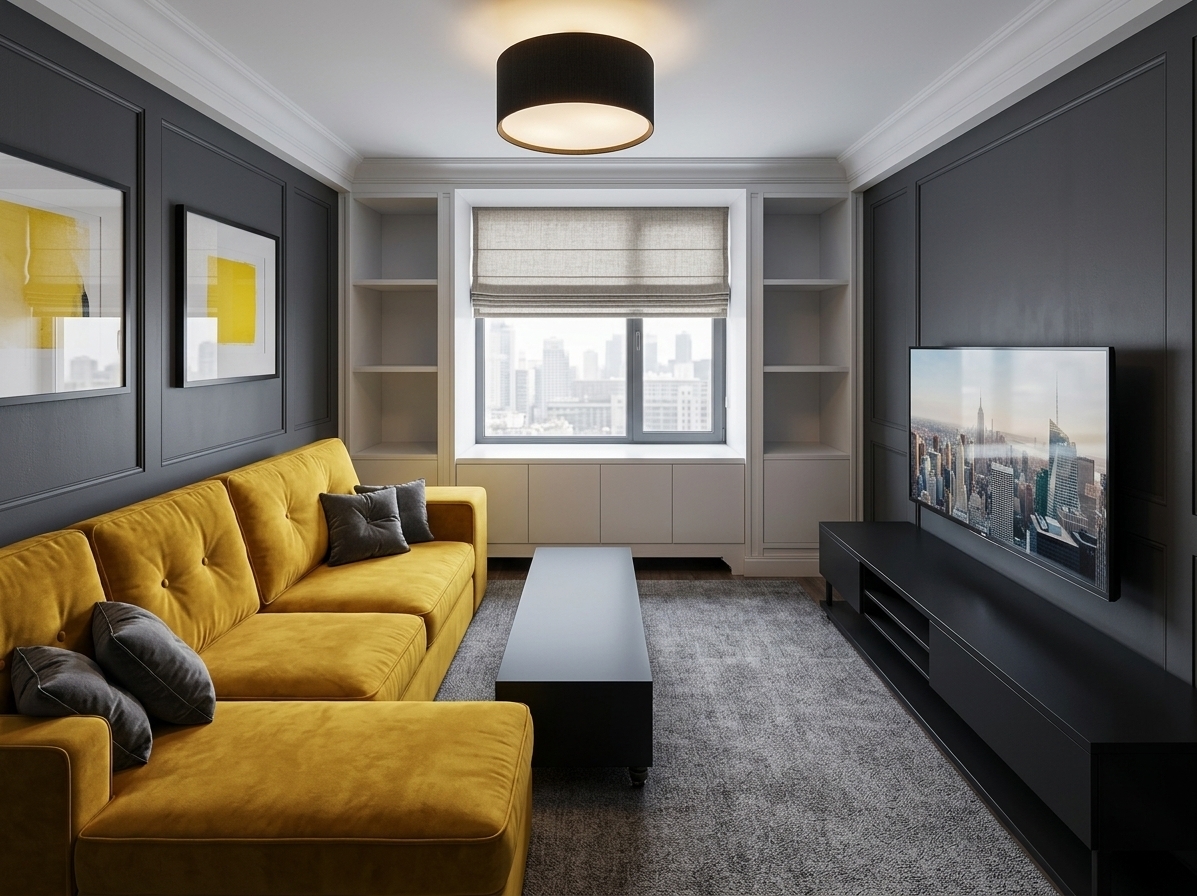 An incredibly lifelike, richly detailed, photorealistic wide-angle interior photograph of a chic modern living room set in a sophisticated urban loft. The scene is illuminated by the soft, warm ambient glow of an overhead matte-black drum pendant lamp and diffused daylight gently filtering through the central window's textured Roman shades, creating an inviting and balanced atmosphere. Captured with a full-frame architectural lens, the shot emphasizes crisp linear symmetry and rich tactile contrasts: a striking, tufted mustard-yellow sectional sofa adorned with plush charcoal cushions on the left, set against deep charcoal-gray paneled walls with minimalist yellow-accented artwork. A low-profile matte-black coffee table anchors the center on a dense, textured heather-gray rug, while elegant built-in white shelving flanks the serene window nook in the background, complemented by a large flat-screen television mounted above an elongated, sleek dark console along the right wall.