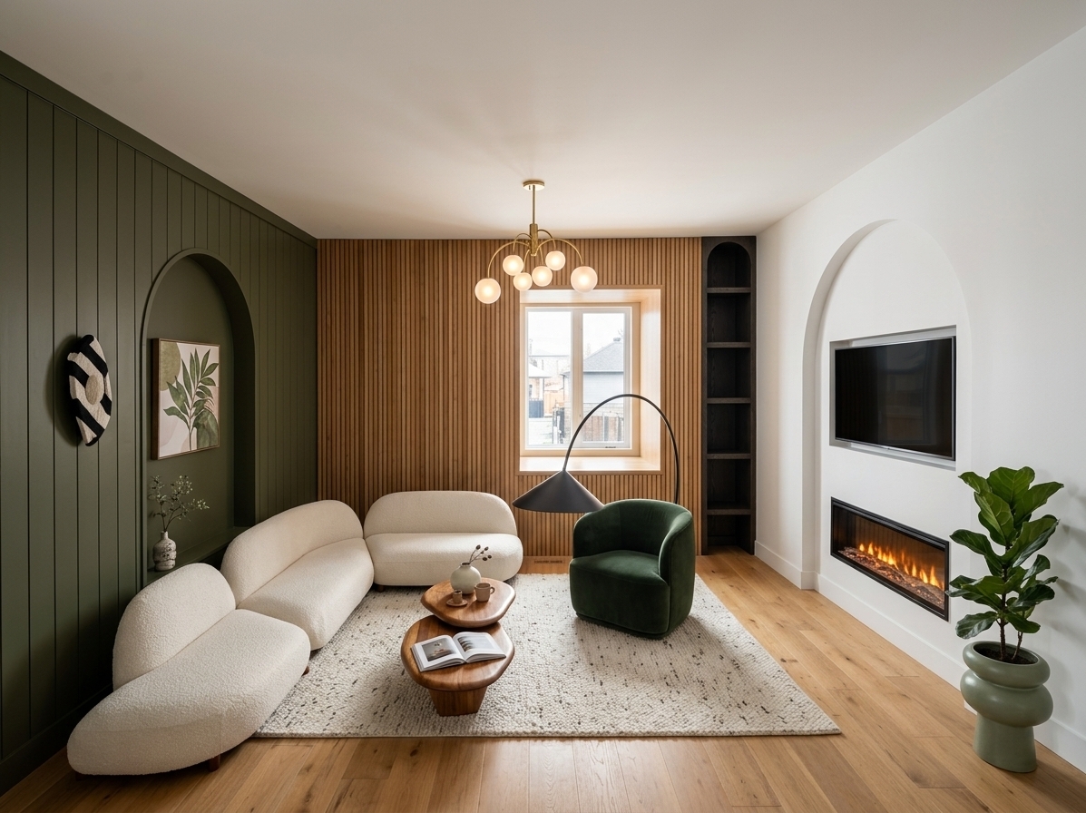 An incredibly lifelike, richly detailed, photorealistic wide-angle interior photograph of an elegant living room sanctuary set in a contemporary luxury home. The scene is illuminated by the warm, radiant glow of an integrated linear fireplace and an overhead brass branch chandelier with frosted glass globes, perfectly balanced by soft, bright natural light, creating a tranquil, serene, and hygge-inspired atmosphere. Captured with a professional full-frame camera and a wide-angle architectural lens, emphasizing natural textures, clean lines, and deep spatial depth. 

A plush, low-profile modular sectional in soft ivory bouclé wraps around an off-white textured wool area rug, accented by a deep forest-green velvet armchair beside an elegant matte black arched floor lamp. In the center, nested organic wooden coffee tables display ceramic decor and an open art book. The left wall features rich, dark olive vertical paneling with an arched niche framing botanical wall art, beautifully contrasting the warm vertical caramel wood slats on the back wall. To the right, a bright white arched feature wall houses the recessed flat-screen TV above glowing fireplace embers, complemented by a flourishing indoor plant in a sculptural sage-green ceramic planter over honey-toned oak hardwood floors.