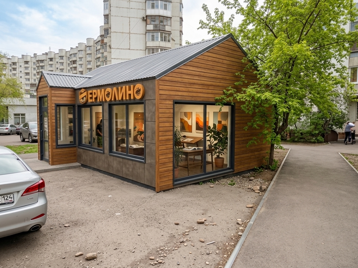 An incredibly lifelike, richly detailed, photorealistic wide-angle architectural shot of a sleek mid-century modern creative workshop pavilion set in a manicured courtyard edge on a crisp spring midday. The scene is illuminated by soft, natural diffuse daylight filtering through fresh spring foliage, creating an uncluttered, comfortable, and timelessly sophisticated atmosphere. Captured with a professional full-frame camera and a 35mm tilt-shift lens, emphasizing the warm, tactile horizontal teak paneling, sleek dark-framed picture windows, and smooth concrete-toned composite base. Reinterpreting the compact, pitched-roof silhouette into a functional and iconic design, the structure connects harmoniously with the surrounding clean asphalt pathway and landscaped ground. Through the expansive, spotless glass facade, the interior is invitingly revealed, displaying a minimalist, retro workshop space furnished with handcrafted walnut drafting desks, neatly laid out open photography books, mid-century geometric decor, and lush potted indoor plants, perfectly framed against studio walls adorned with abstract wall art rendered in harmonious shades of earth tones, vibrant oranges, and muted blues.