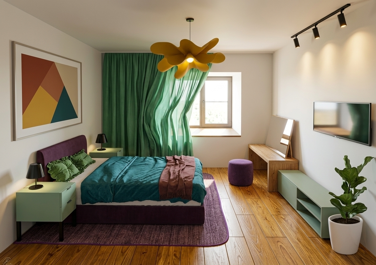 An incredibly lifelike, richly detailed, photorealistic wide-angle interior photograph of a bohemian oasis bedroom set in a stylish, sunlit home during a bright summer midday. The scene is illuminated by natural sunlight streaming through the clean-lined window and complemented by the warm, directional glow of minimalist black track lights and a whimsical sculptural mustard-yellow flower pendant lamp suspended from the ceiling, creating a warm, vibrant, and free-spirited atmosphere. Captured with a professional full-frame camera and a sharp 24mm wide-angle lens, emphasizing tactile textile weaves, glossy painted surfaces, and the rich, natural grain of polished golden-brown hardwood flooring. On the left, a plush bed features a deep aubergine upholstered headboard and base, layered with rich teal duvets, ruffled leaf-green accent pillows, and an earthy plum throw blanket over a coordinating area rug, flanked by sleek mint-green nightstands with chic black table lamps, all beneath a large framed piece of abstract geometric wall art rendered in warm rust, mustard, and deep teal tones. Flowing, billowy emerald-green drapery hangs dramatically beside the window, while across the room on the right sits a warm natural wood vanity desk with a standing mirror, an upholstered pouf ottoman, a sage-green low media console beneath a sleek wall-mounted television, and a potted sculptural fiddle-leaf plant in a crisp white ceramic pot adding a touch of lush greenery to the foreground.