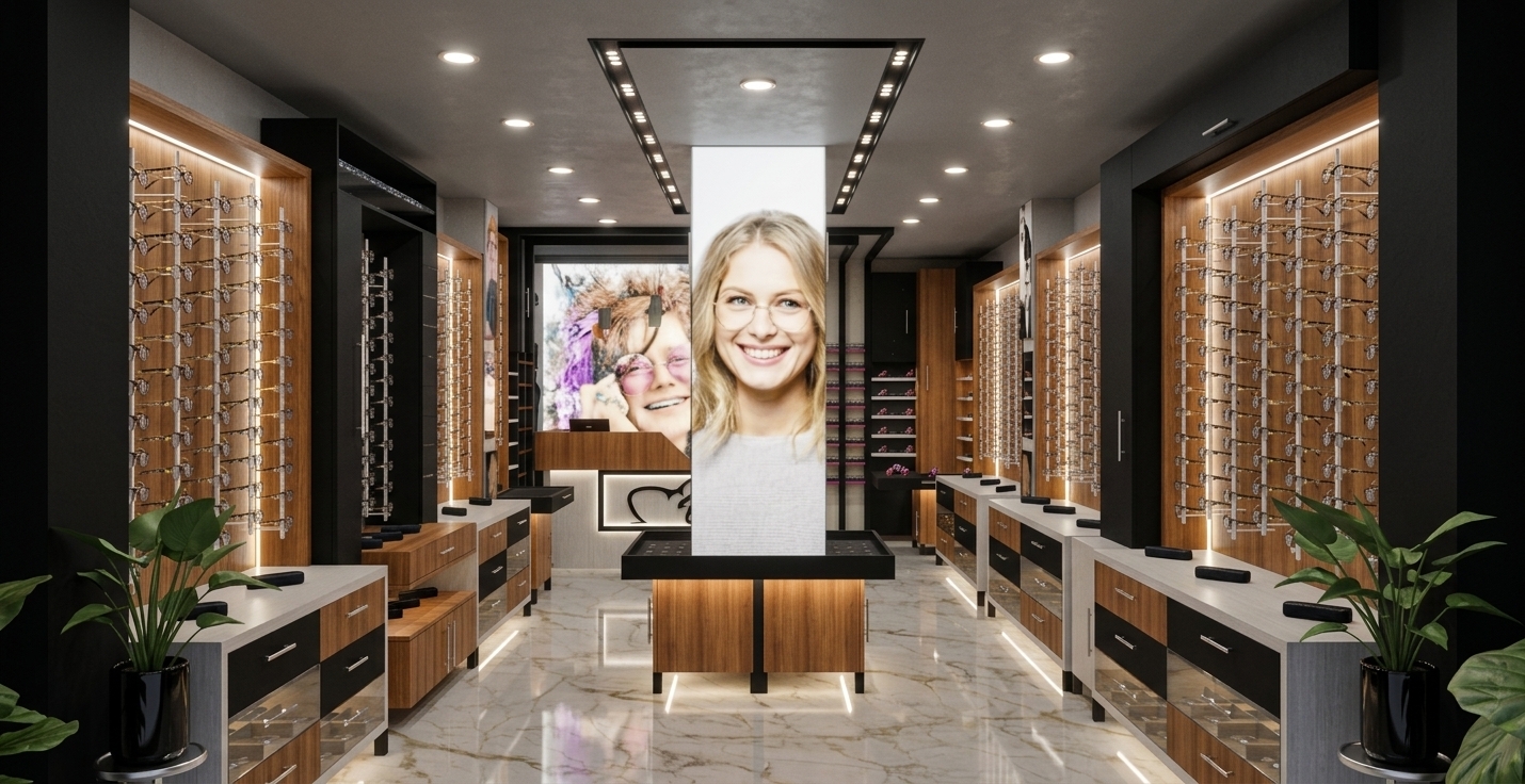 An eye-level architectural photograph of the modern eyewear boutique, precisely preserving the scene's layout, geometry, and composition. The interior is lit by warm-white recessed ceiling spotlights and subtle integrated display lighting, casting realistic soft shadows and gentle specular reflections across the polished marble floor. High-fidelity textures define the warm wood grain cabinetry, matte black display frames, and brushed metallic hardware, while rows of eyeglasses exhibit accurate glass refraction and micro-reflections. The central lightbox displays a softly illuminated portrait graphic, balanced by clean global illumination, realistic depth of field, and sharp wide-angle lens optics.