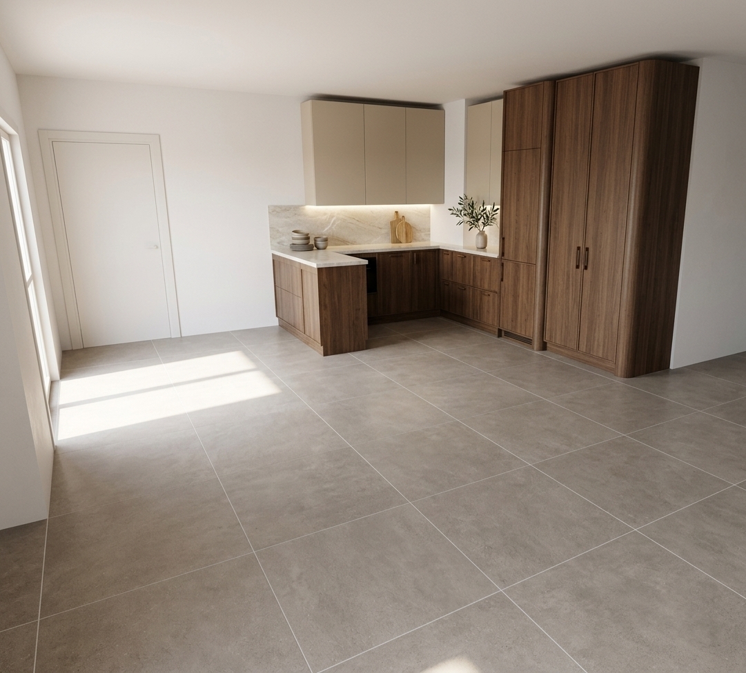 An incredibly lifelike, richly detailed, photorealistic wide-angle interior shot of a modern Scandinavian sanctuary kitchen set in a serene contemporary home. The scene is illuminated by crisp, bright midday spring sunlight streaming gently across the space and complemented by soft under-cabinet LED strips, creating a calm, warm, and elegantly refined atmosphere. Captured with a professional 24mm architectural tilt-shift lens, emphasizing the rich textures and organic interplay of materials, the U-shaped composition highlights deep, tactile dark wood veneer lower cabinetry and tall pantry columns featuring subtly curved side profiles, beautifully contrasted by sleek, matte beige upper cabinets. A luminous, polished light stone countertop with delicate natural veining spans the layout, seamlessly reflecting ambient light onto the large-format warm grey ceramic floor tiles and pristine, soft-white minimalist walls.