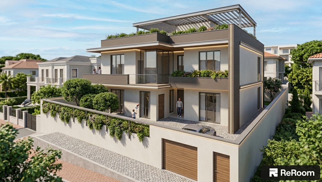 An incredibly lifelike, richly detailed, photorealistic wide-angle architectural photo of a sleek, multi-level modern luxury residence and studio office set in a sun-drenched, upscale urban coastal neighborhood. The scene is illuminated by bright, natural daylight filtering through soft, scattered white clouds in a crisp azure sky, creating an airy, revitalizing, and warm atmosphere stirred by a gentle sea breeze. Captured with a professional 24mm tilt-shift lens, emphasizing smooth, light-toned stucco facades, dark horizontal ribbed composite paneling, integrated ambient LED cove lighting, and textured cobblestone paving. Flanked realistically by neighboring contemporary city homes, lush perimeter trees, and sidewalk greenery, the property features a cleanly finished open rooftop terrace beneath an elegant pergola, streamlined glass balconies, and an inviting private courtyard leading to modern timber garage accents and refined glass entrances.