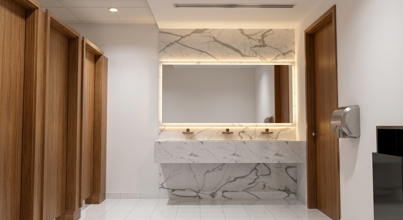 An incredibly lifelike, richly detailed, photorealistic eye-level interior photo of a luxury modern fusion hotel bathroom set in a high-end hospitality environment during a bright summer midday. The scene is illuminated by crisp recessed ceiling spotlights and a soft, warm ambient LED strip light concealed behind the large framed vanity mirror, casting an elegant halo across the polished black marble accent wall and creating a sophisticated, tranquil atmosphere. Captured with a wide-angle architectural 24mm lens with crisp depth of field, emphasizing the rich, vertical grain of the warm oak stall and entrance doors, the subtle gray veining through the floating white Carrara marble washbasin, the sleek wall-mounted bronze sensor faucets, and the delicate reflections across the pristine white grid-tiled floor.