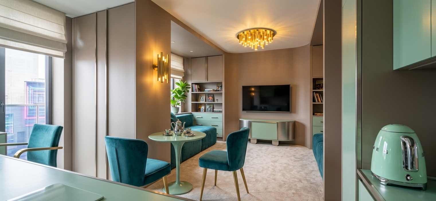 An incredibly lifelike, richly detailed, photorealistic wide-angle interior photograph of a retro-futuristic dining room and lounge alcove set in a chic space-age urban apartment. The scene is illuminated by the radiant golden glow of a sculptural brass tubular chandelier and matching wall sconce, harmoniously balanced with soft natural daylight filtering through tailored fabric Roman shades and faint ambient neon undertones, creating a bold, nostalgic, and sophisticated atmosphere. Captured with a full-frame 24mm architectural lens at f/8, emphasizing the smooth, stylized pastel surfaces, brushed metallic accents, and refined upholstery textures. In the cozy dining area, a streamlined mint-green pedestal table displays a gleaming chrome tea set flanked by minimalist curved chairs, while a sleek retro-futuristic kettle rests on the foreground kitchen counter. Through a softly contoured, warm-taupe architectural partition, the view opens into an inviting living nook complete with a floating aerodynamic media console beneath a flush-mounted screen, a plush teal modular daybed, bespoke grid shelving, a vibrant potted indoor plant, and curated retro sci-fi photography books that together bring a timeless, space-age aesthetic to life with striking depth and photorealistic clarity.